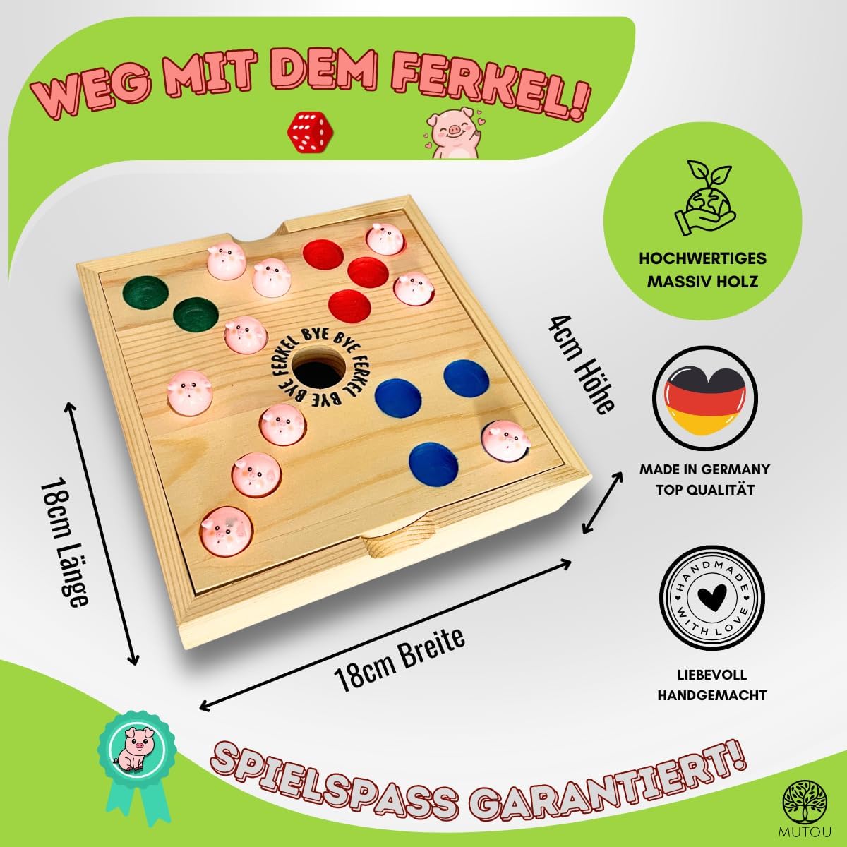Detalle de Mutou Weg mit dem Ferkel! – Das saulustige Big Hole Würfelspiel aus Holz, 60 Schweinchen, 2–6 Spieler