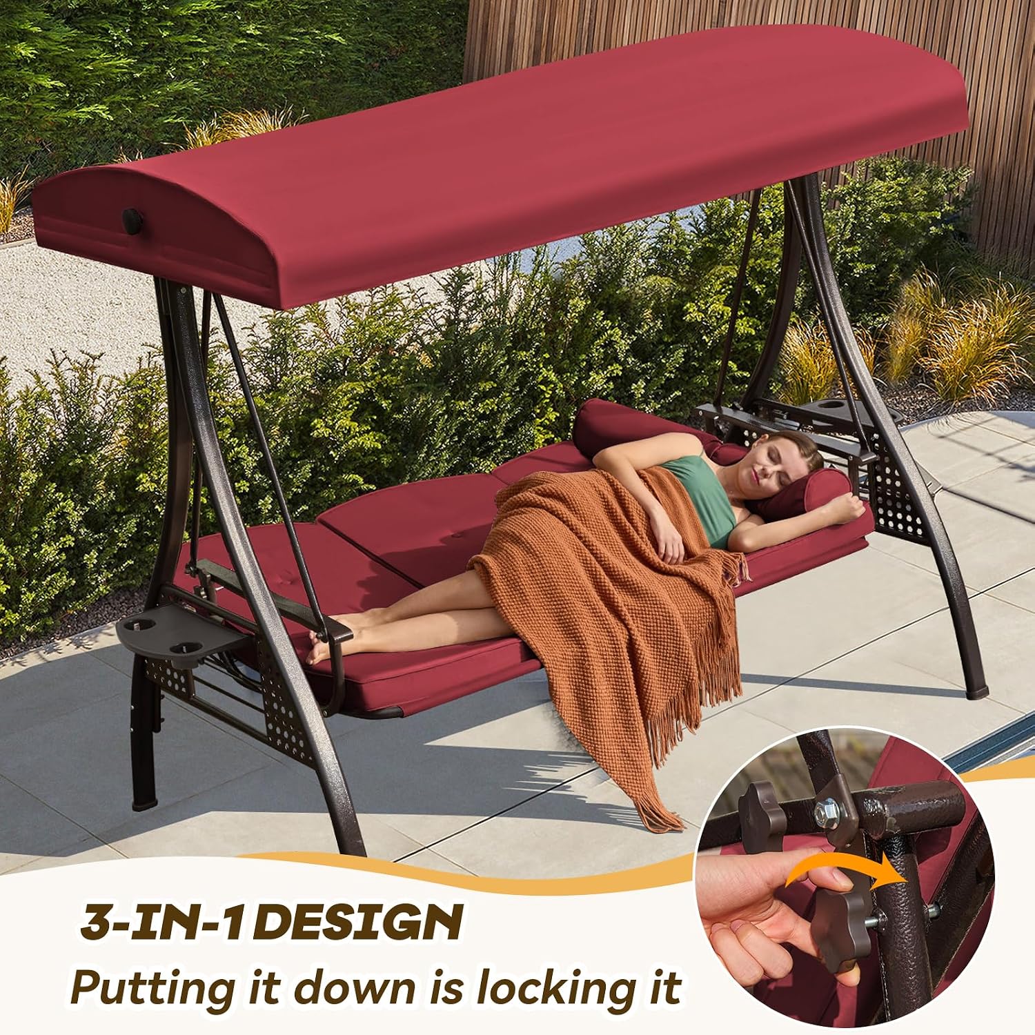 Detalle de Yalissey 3-Seat Porch Swing, Wine Red