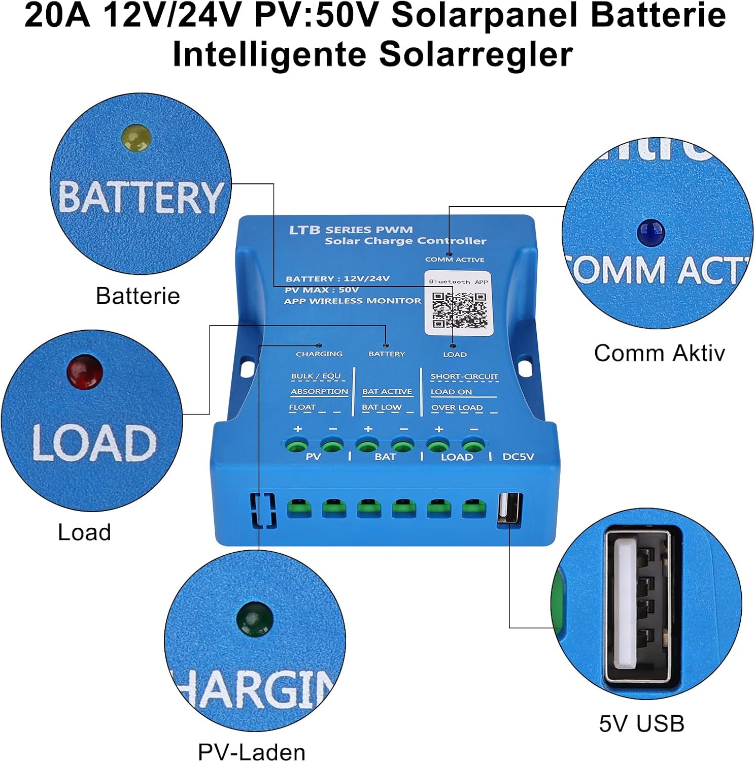 Detalle 2 de KWODE KWODE023 PWM-zonnelaadregelaar 20 A met Bluetooth en USB
