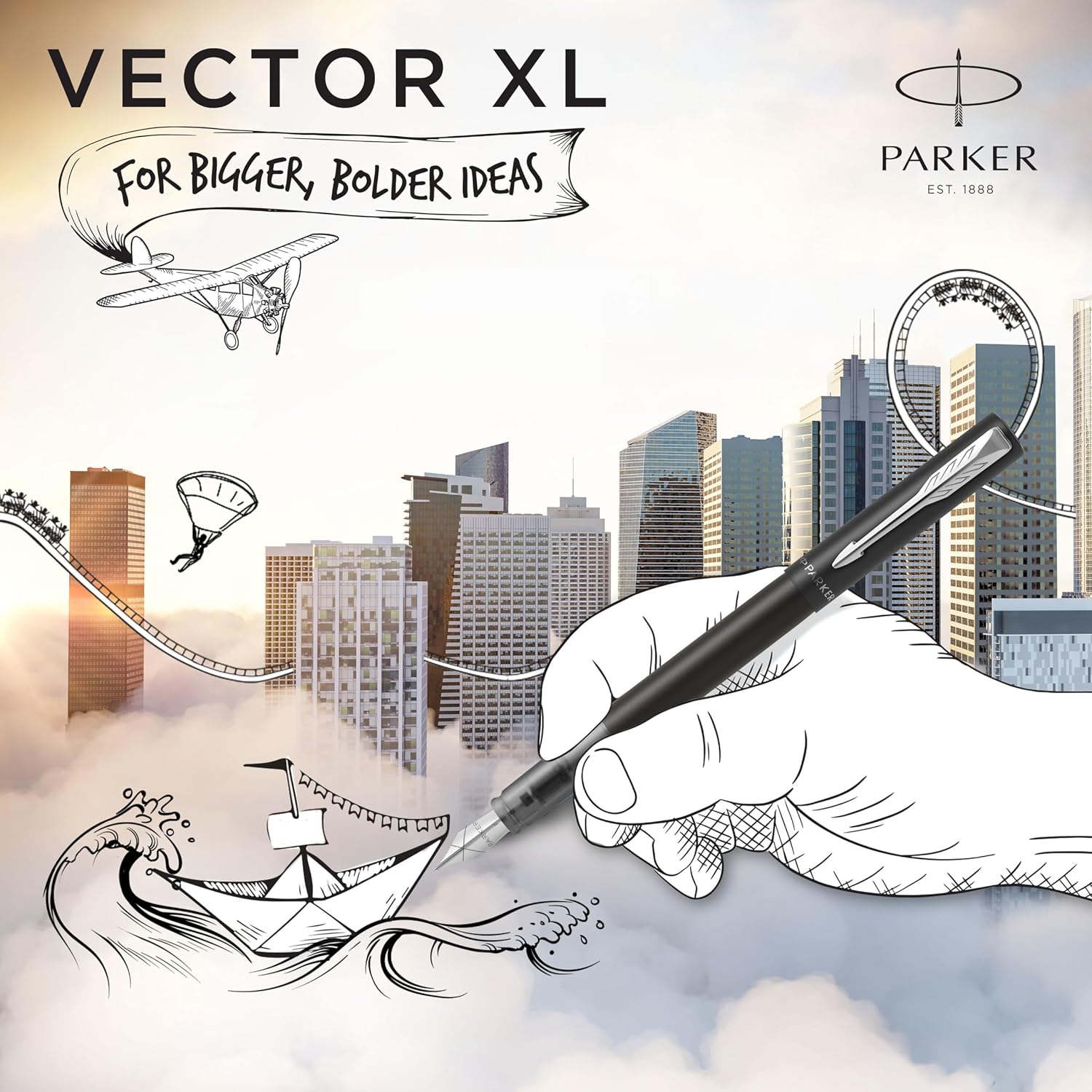 Detalle de Parker Vector XL Fountain Pen in Metallic Black Lacquer with Medium Nib and Blue Ink Refill (Gift Box)