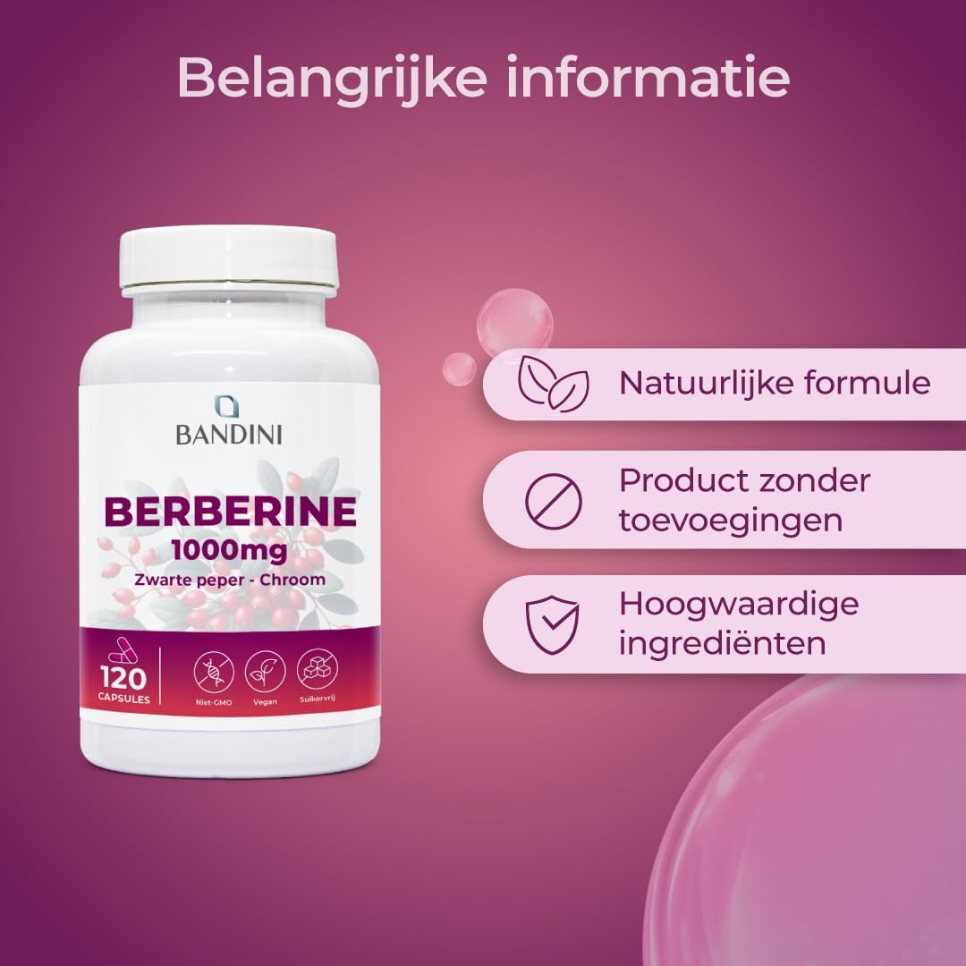 Detalle 2 de Bandini Berberine 1000 mg, 120 veganistische capsules met chroom en zwarte peper