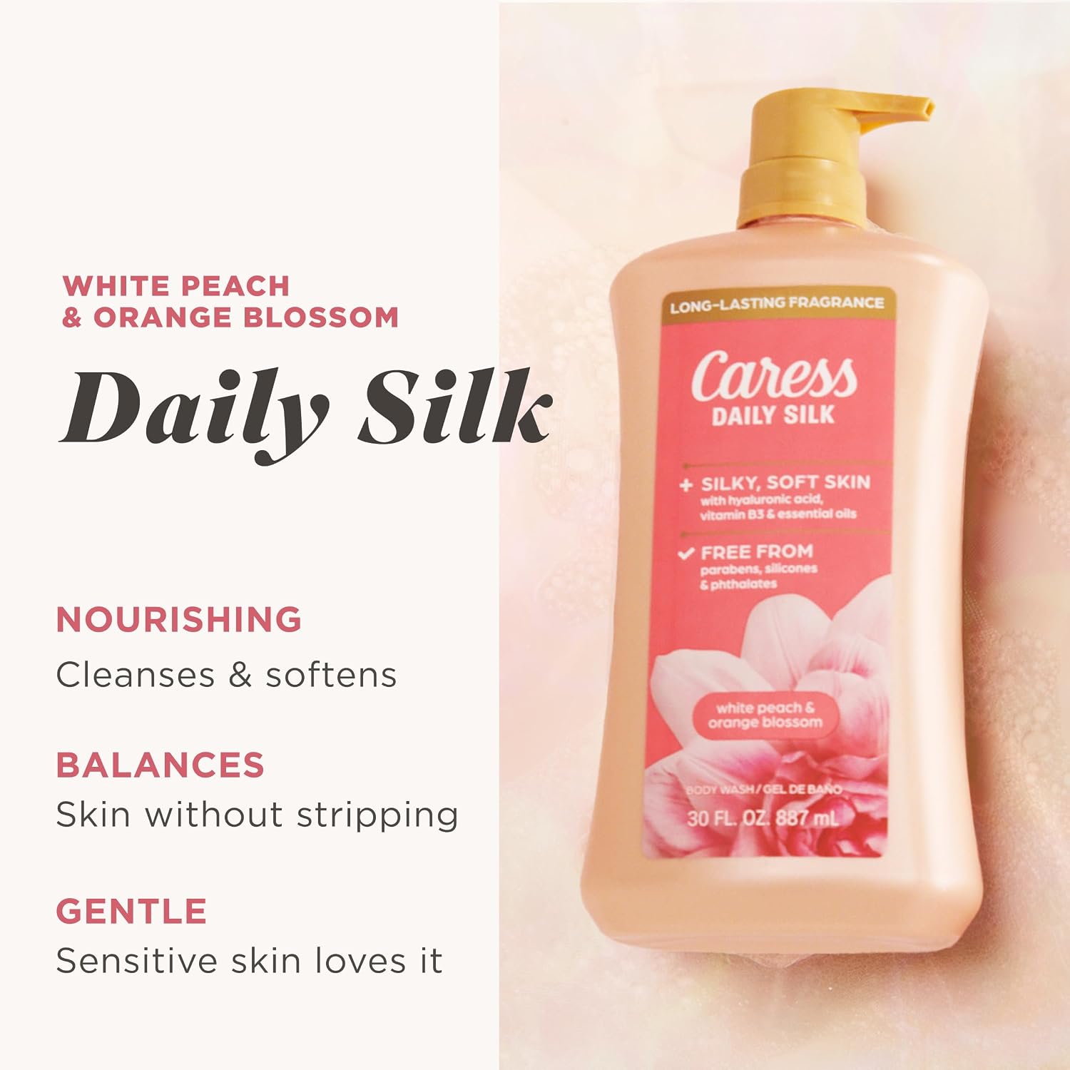 Detalle 2 de Caress Daily Silk Body Wash, White Peach & Orange Blossom, 30 fl oz, 4 Pack