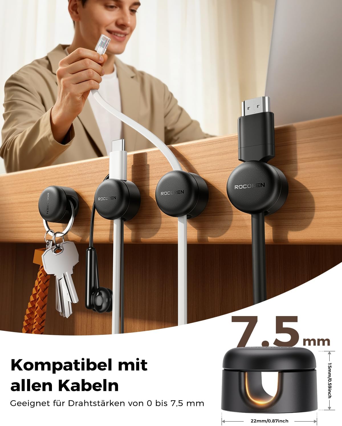 Thumbnail 2 de Rocoren Kabelhalter Selbstklebend – 9 Stück, magnetisch, 360° drehbar, 7,5 mm Schlitz, Kabelmanagement für Schreibtisch/Office