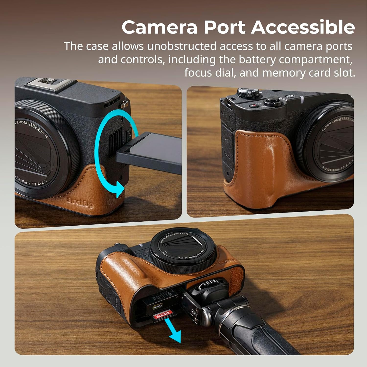 Thumbnail 6 de SmallRig Leather Case Kit for Canon PowerShot V1 (Brown) – Half Leather Case, Flip Cover, Wrist Strap & Furry Windscreen