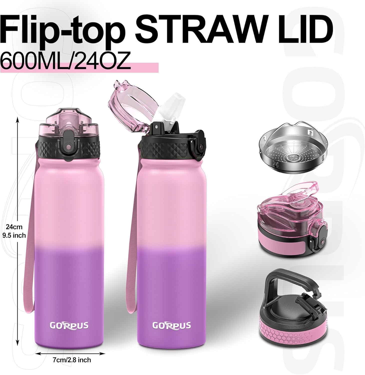 Thumbnail 3 de GOPPUS 600ml Stainless Steel Water Bottle with Straw — Double Wall Insulation, Leakproof Flip Top Lid