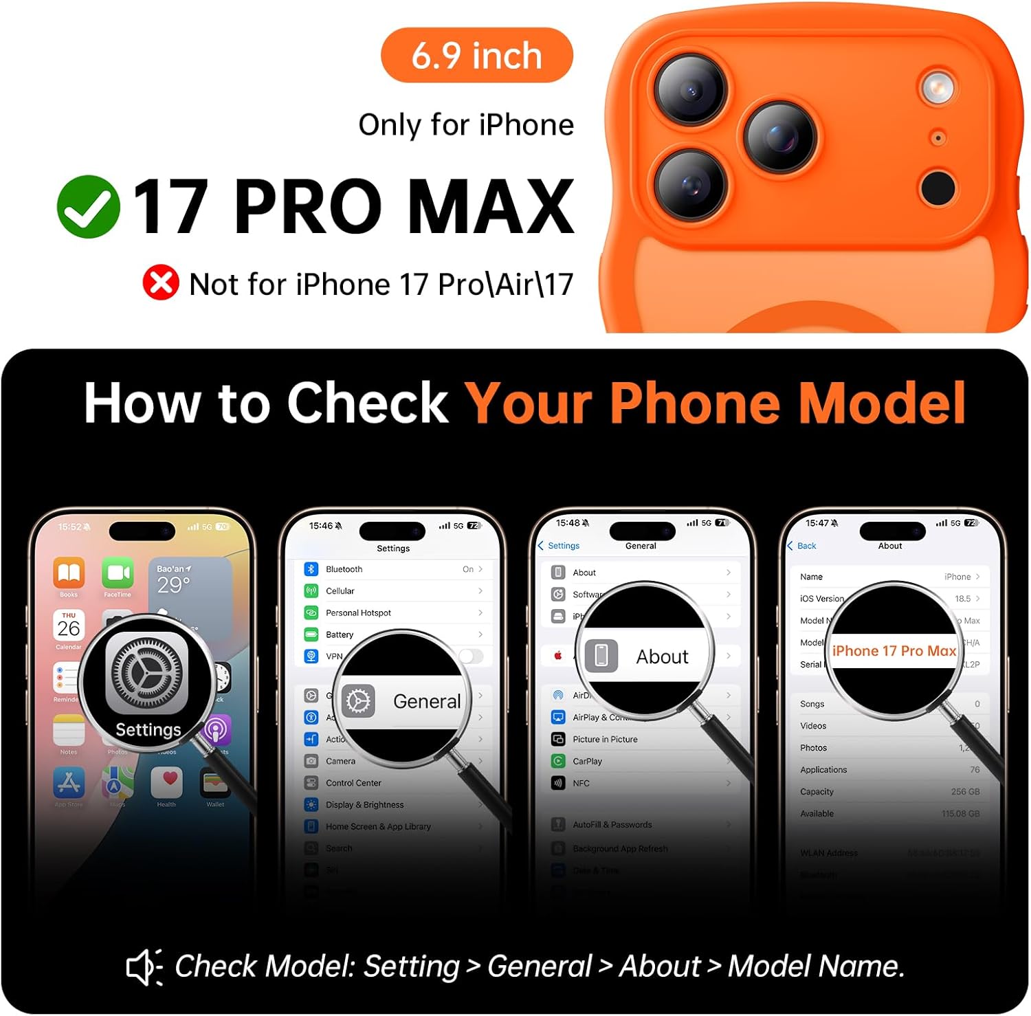 Thumbnail 1 de 3 in 1 Magnetic iPhone 17 Pro Max Case with Cute Wavy Design — Full Camera Protection + MagSafe Compatibility (Orange, 6.9")