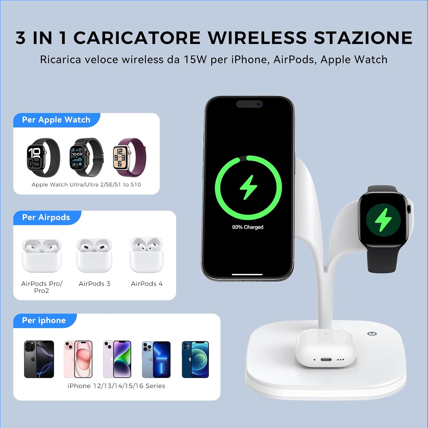 Thumbnail 1 de HJCE Caricatore Wireless 3 in 1 MagSafe per iPhone, Apple Watch e AirPods – Stazione di ricarica completa