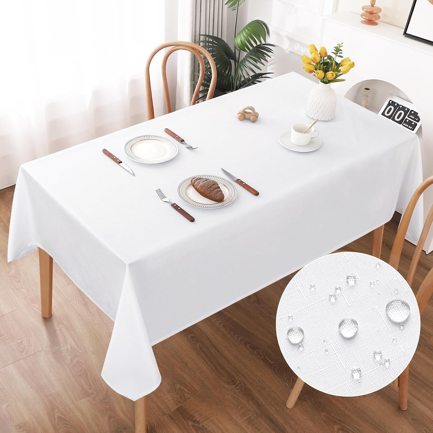 Detalle de AooHome abwaschbare Tischdecke in Weiß (Leinen-Optik) 140 x 220 cm – wasserabweisend mit Lotuseffekt