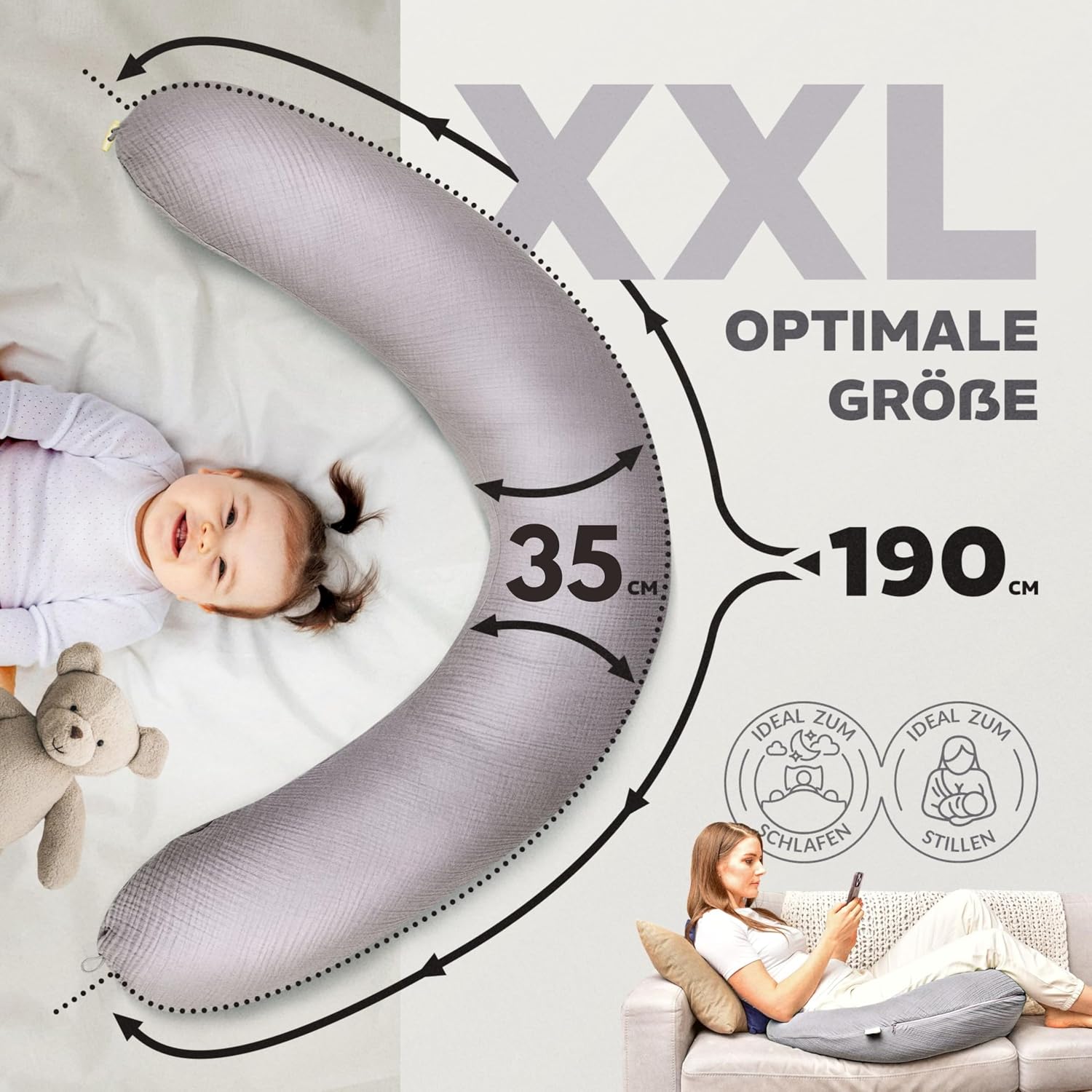 Thumbnail 4 de sei Design XXL Stillkissen 190 cm × 35 cm – ergonomisch mit Musselin-Bezug aus Bio-Baumwolle