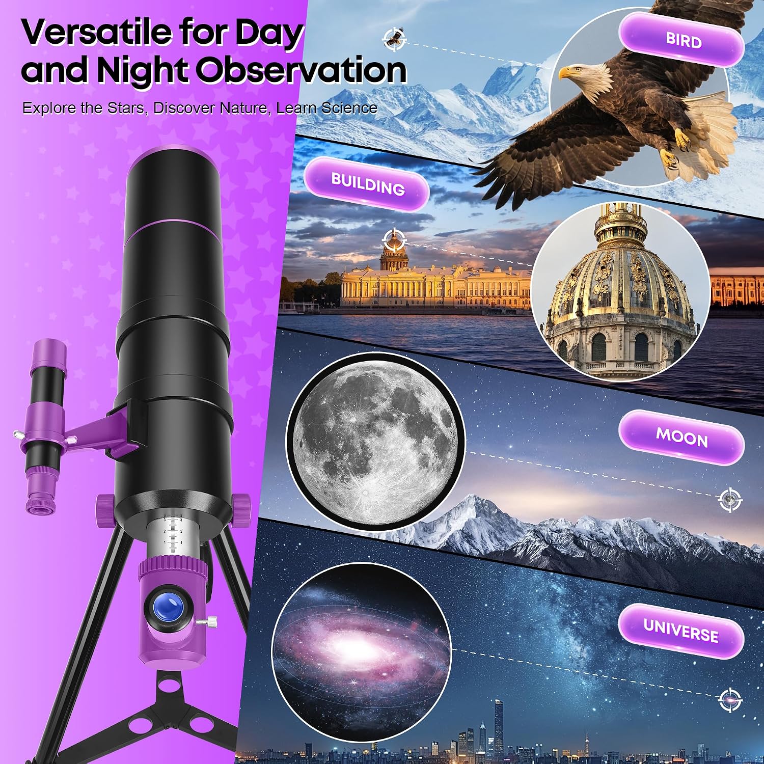 Thumbnail 6 de HUGERSTAR telescopio astronomico rifrattore 90/550 mm con treppiede regolabile, filtro lunare e adattatore per smartphone