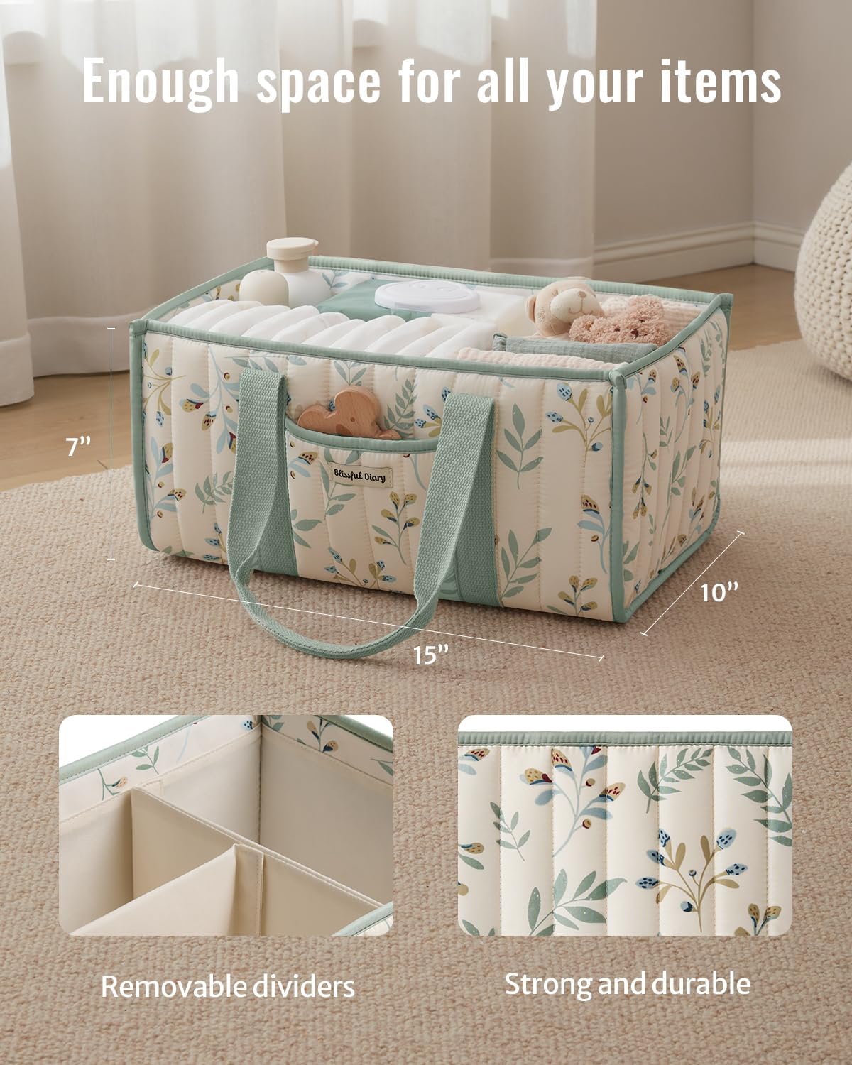 Detalle de Blissful Diary Leaf Diaper Caddy, Quilted Baby Organizer with Removable Dividers