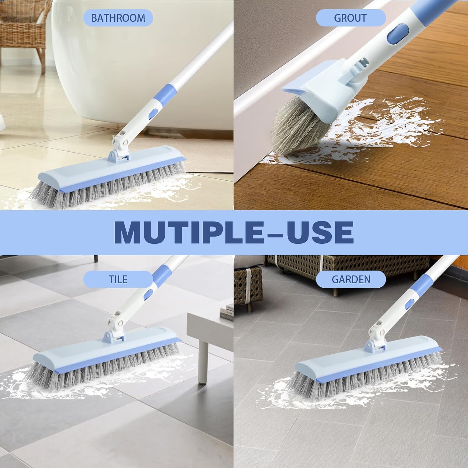 Detalle de XXFLOWER 2 In 1 Floor Scrub Brush with Squeegee Edge – 180° Adjustable Handle for Tile, Bathroom, Patio