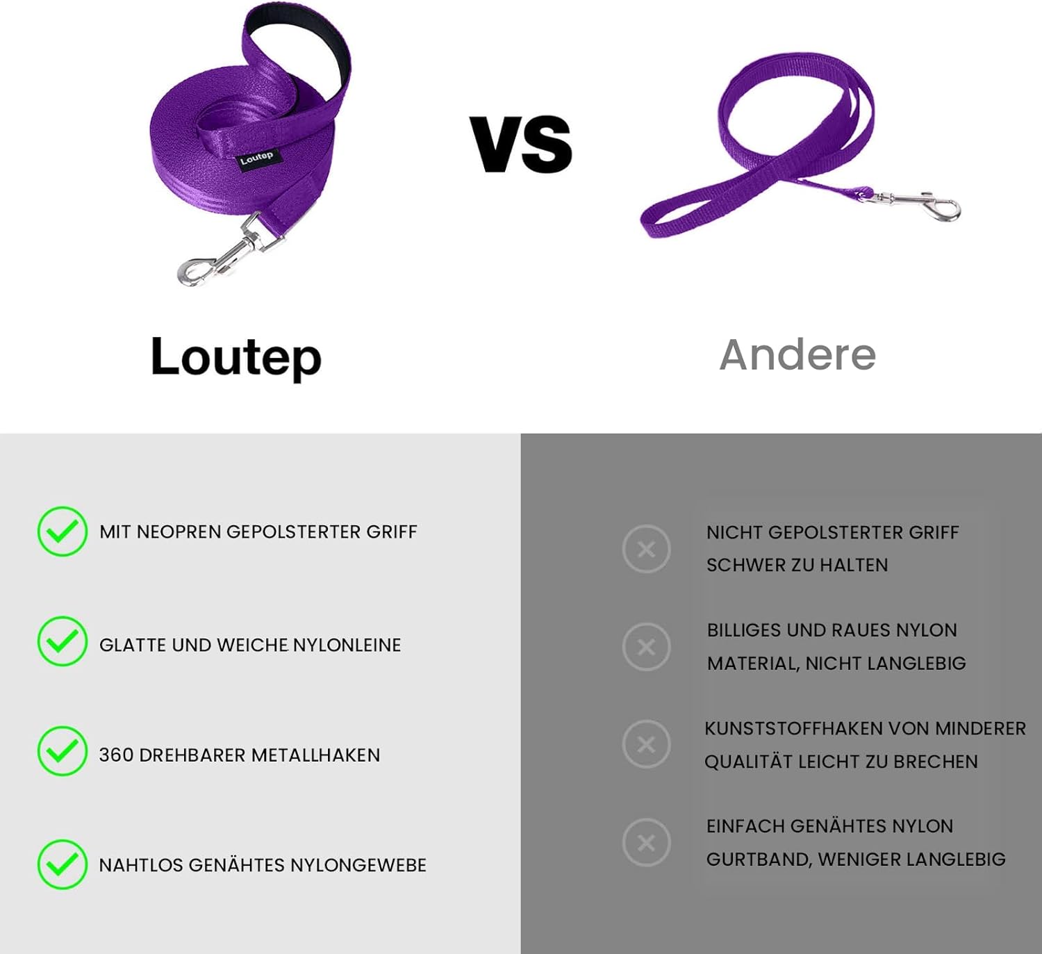 Thumbnail 4 de Loutep Schleppleine für Hunde (Violet, 20 m) – Wasserfest, mit gepolstertem Griff und drehbarem Haken