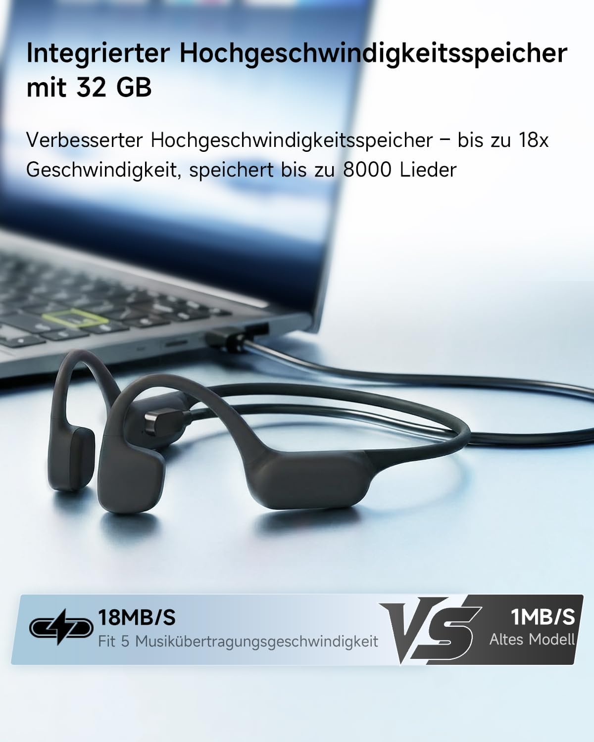 Detalle de Rhyfell Knochenschall-Schwimm-Kopfhörer mit IP68, 32‑GB MP3-Player & Bluetooth 6.0