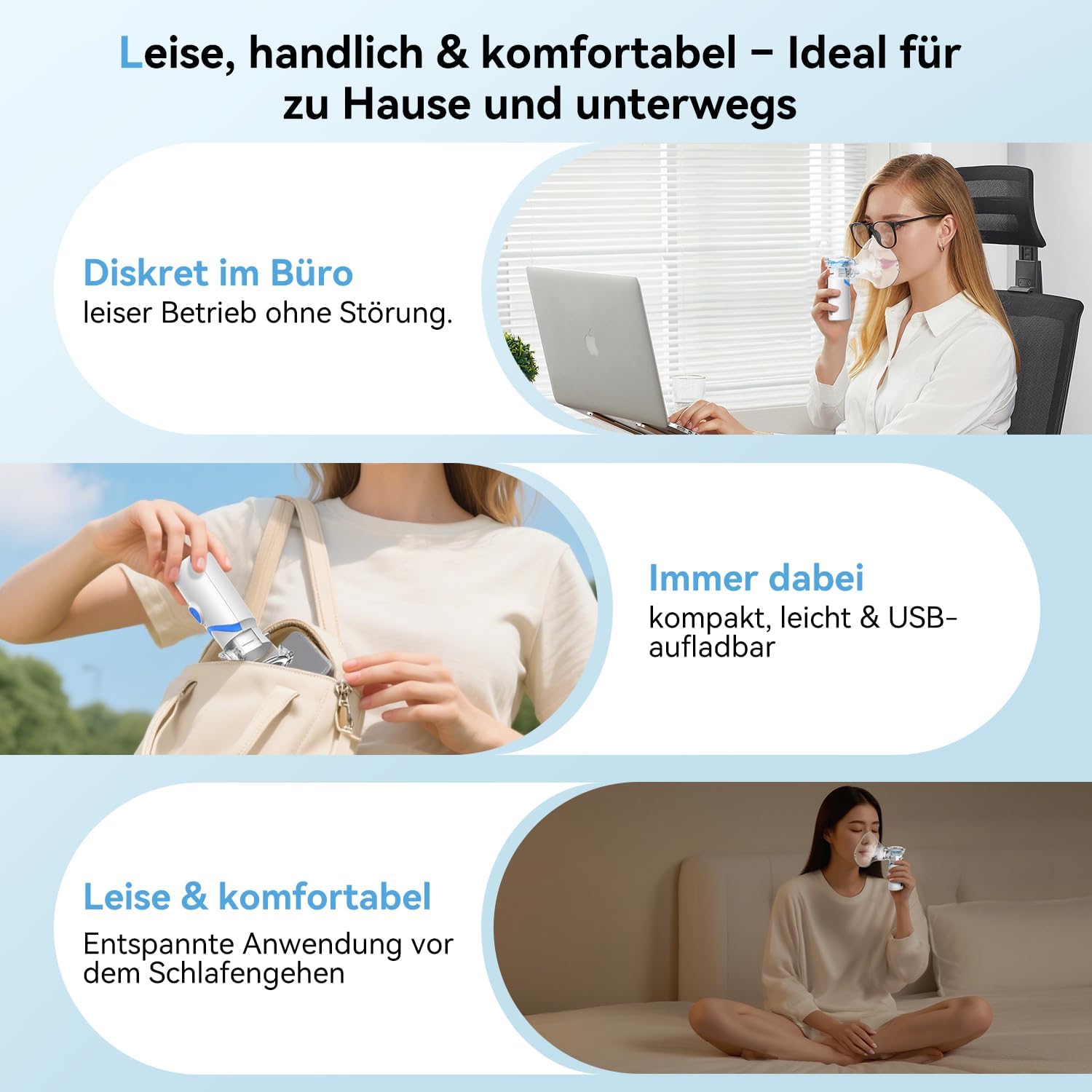 Detalle de Larair Inhalationsgerät für Erwachsene & Kinder – leiser, wiederaufladbarer Vernebler mit Selbstreinigung, blau