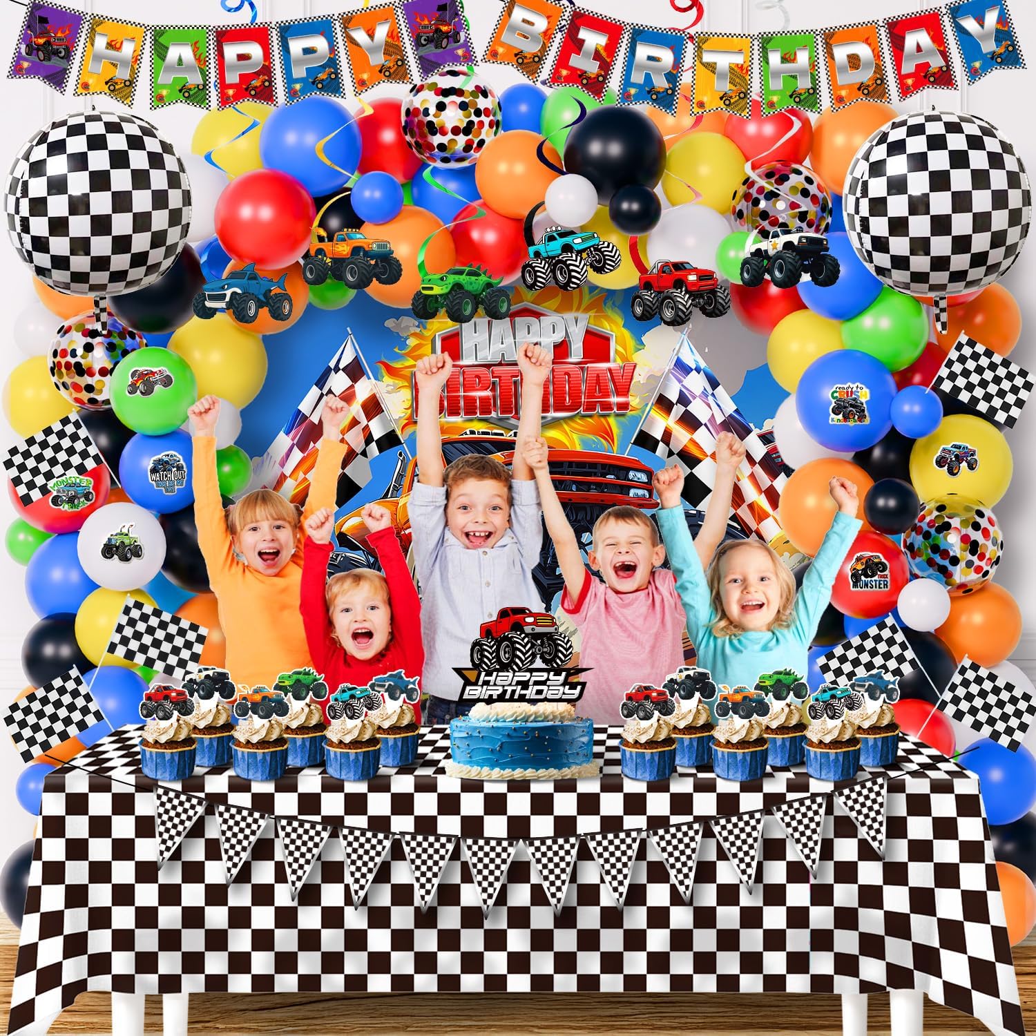 Thumbnail 1 de 140Pcs Monster Truck Birthday Decorations Kit with Backdrop and Checkered Tablecloth