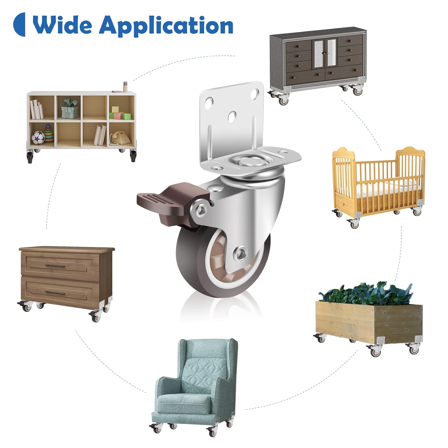 Thumbnail 5 de W B D WEIBIDA ruote girevoli pesanti da 50 mm con 4 freni e piastra di montaggio per mobili (portata fino a 270 kg) – set da 4