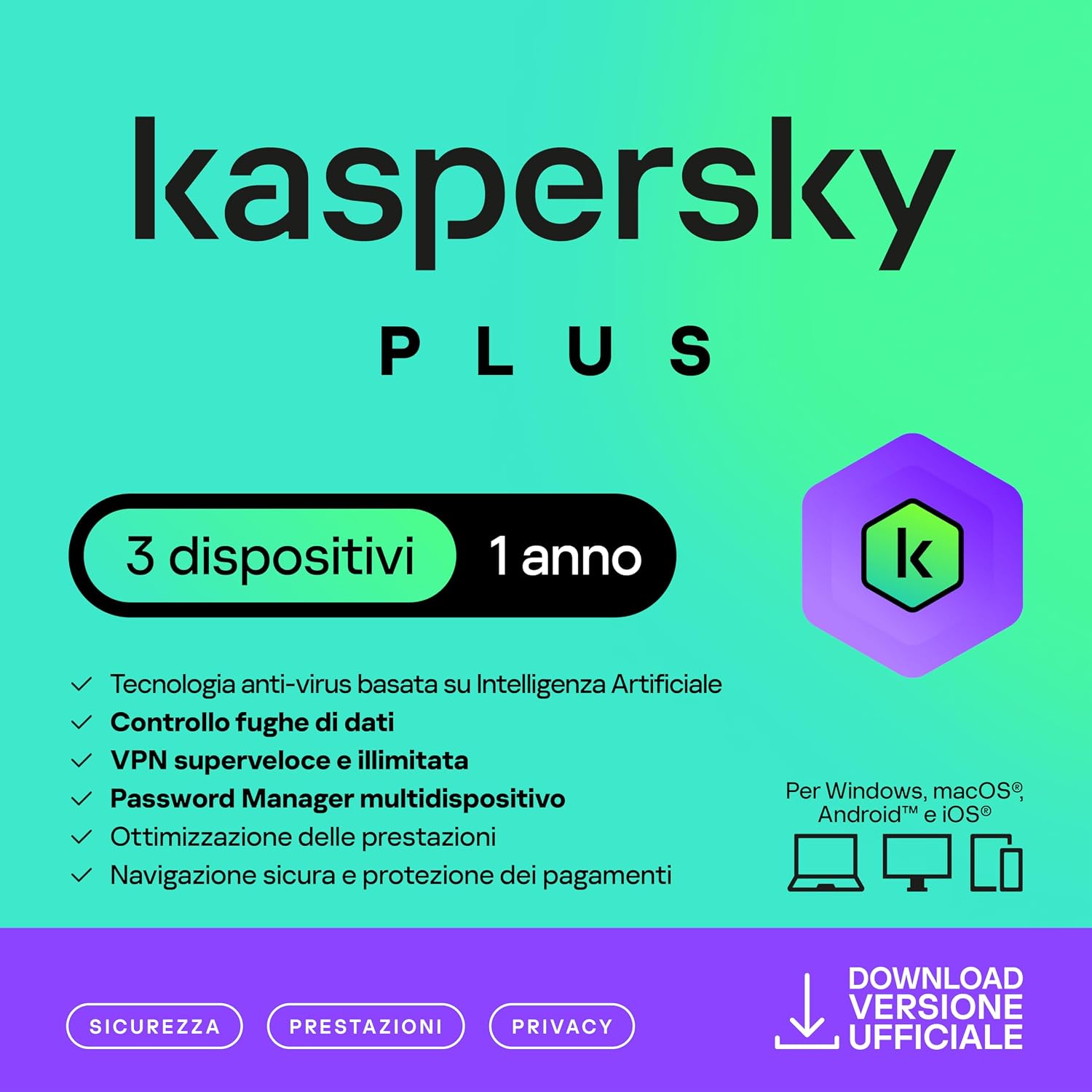 Detalle de Kaspersky Plus Internet Security 2026 per 3 dispositivi – 1 anno