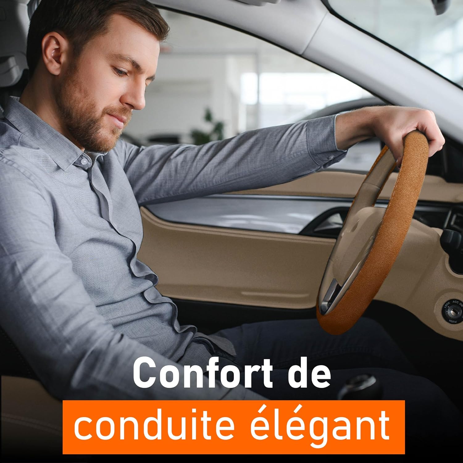 Detalle de Upgrade4cars Couvre volant voiture brun – taille universelle 37 à 39 cm