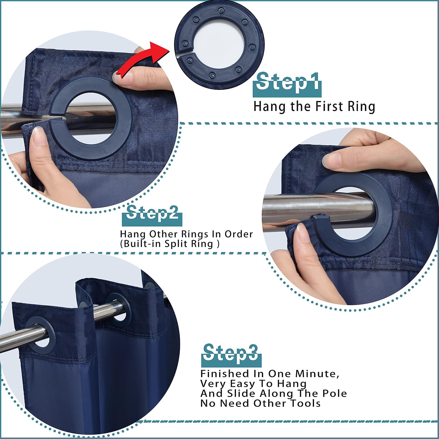 Thumbnail 3 de Conbo Mio Check-Dark Blue Shower Curtain with Snap-In Liner, 71" x 74