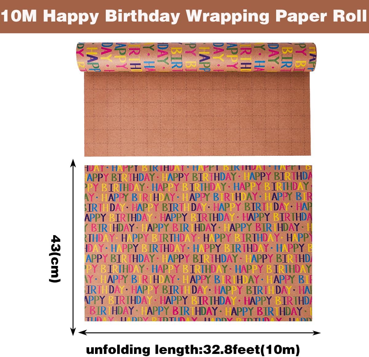 Thumbnail 1 de HBell Birthday Wrapping Paper Roll 43cm x 10m – Kraft card with gridlines and colourful Happy Birthday design
