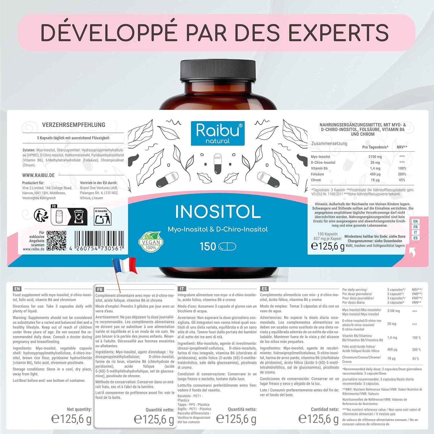 Thumbnail 6 de Inositol Myo Inositol & D-Chiro 150 gélules (avec vitamine B6, acide folique et chrome) – Raibu