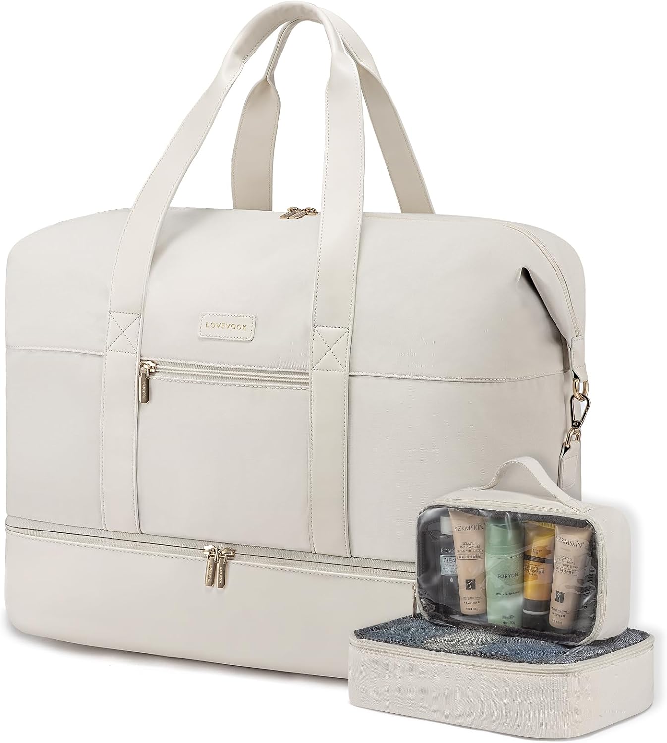 Detalle de LOVEVOOK Weekender Reisetasche für Damen mit Schuhfach, Kulturtasche & Nass-/Trockentrennung (50 x 38 x 25 cm), Beige
