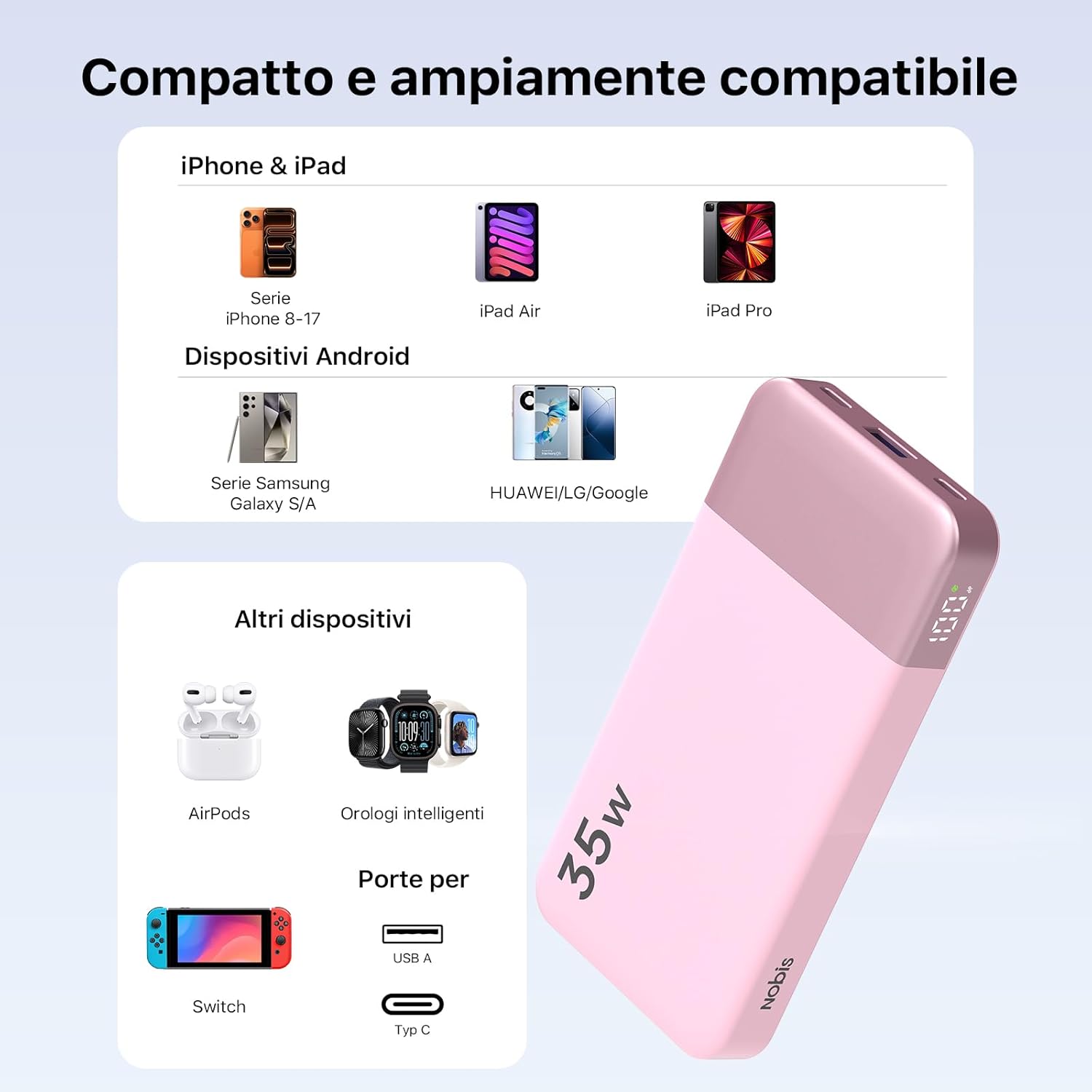 Thumbnail 5 de NOBIS Power Bank 35W Portatile da 10.000 mAh con ricarica rapida 2 USB-C e USB-A e display digitale