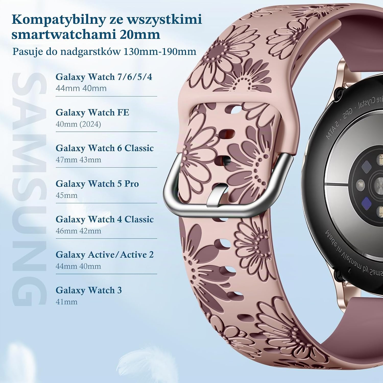 Detalle 1 de Netolo SG-20-Sunflower-PinkPurple – silikonowy pasek 20 mm z grawerem kwiatowym