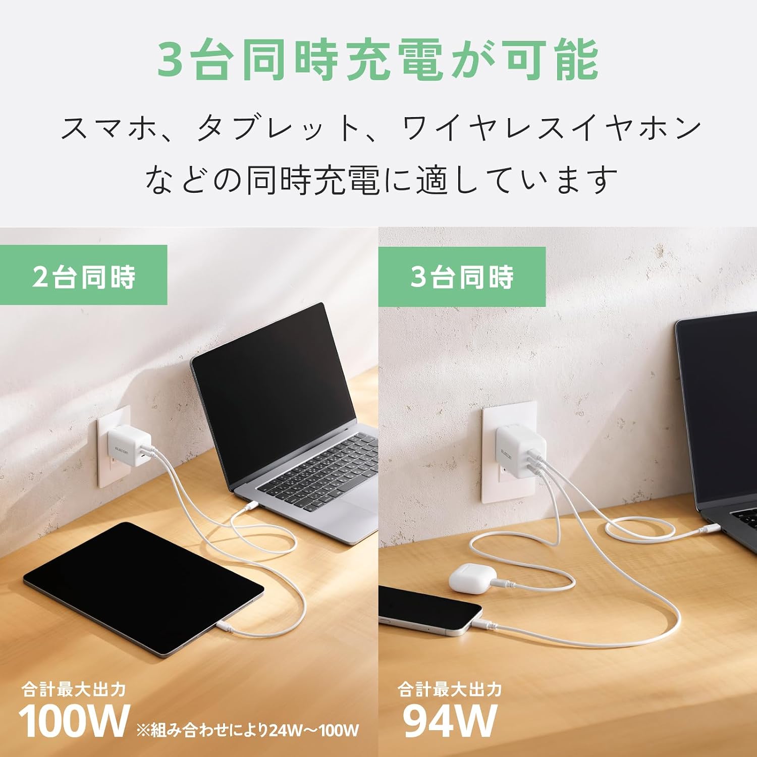 Detalle 1 de エレコム EC-AC113100WH 100W・3ポート USB Type-C充電器 GaN II搭載