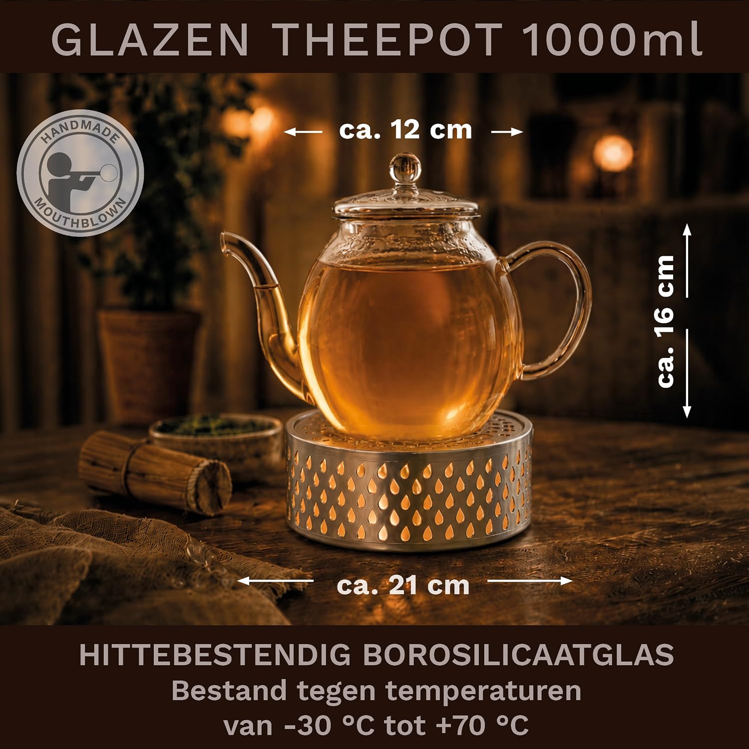 Detalle de Creano 419 glazen theepot Hoog 1 liter met RVS-filter en Leaf-theelichtwarmer