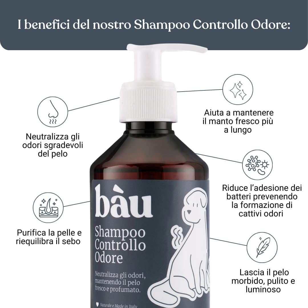 Detalle 2 de Bau Shampoo Cane Controllo Odori con Bardana, Aloe Vera e Pantenolo — Deodorante per Cani