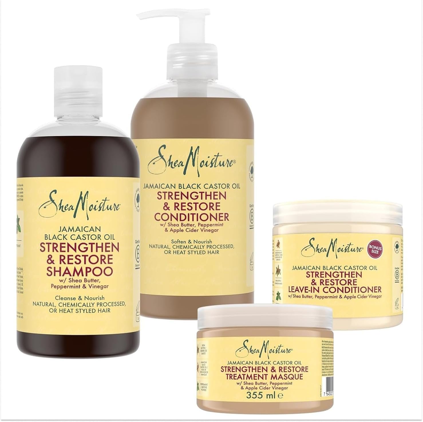Detalle de SheaMoisture Maschera Strengthen & Restore (355 ml) per capelli trattati, sfibrati e ricci