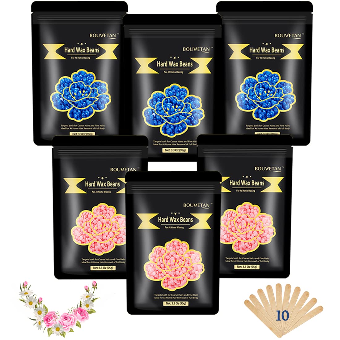 Bouvetan 1.3Lb/21oz Wax Beads for Brazilian, Eyebrow, Face, Bikini, Legs, Arms – 6 Packs + 10 Spatulas
