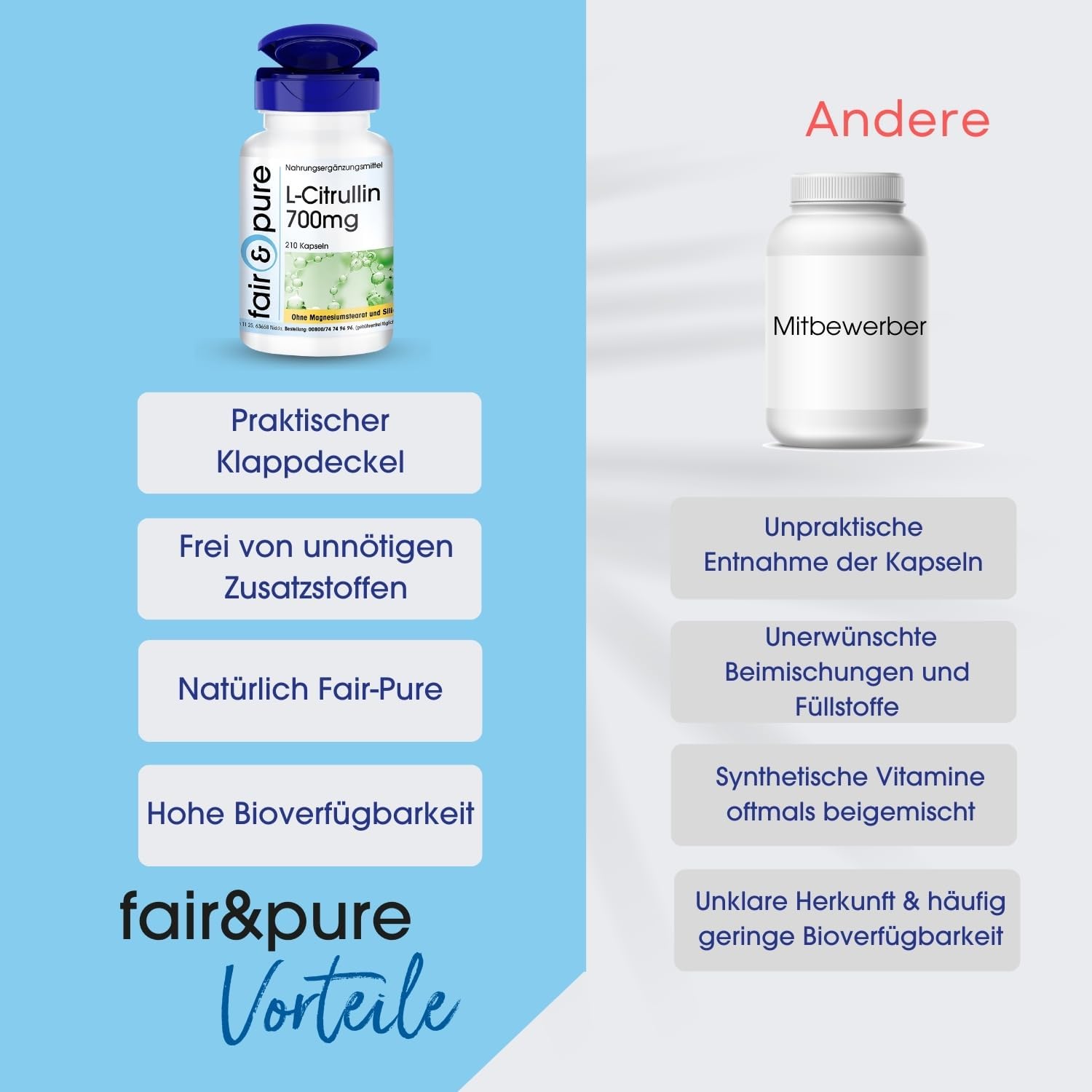 Detalle 2 de Fair & Pure L-Citrullin 700mg – 210 Kapseln, vegan, hergestellt in Deutschland