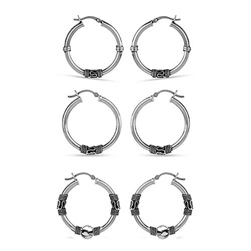Detalle de LeCalla Lot de 3 boucles d'oreilles créoles balinaises légères en argent sterling – taille moyenne 30 mm