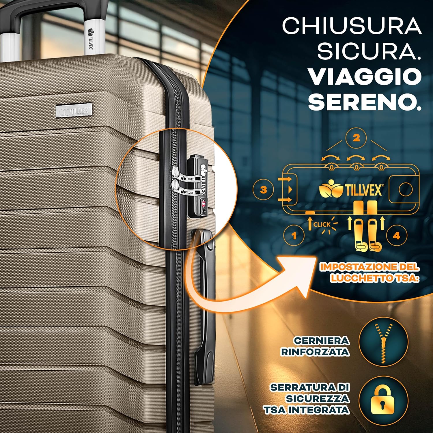 Detalle 2 de tillvex Set di 3 valigie da viaggio con bilancia, cinture e etichette | Trolley TSA in ABS dorato