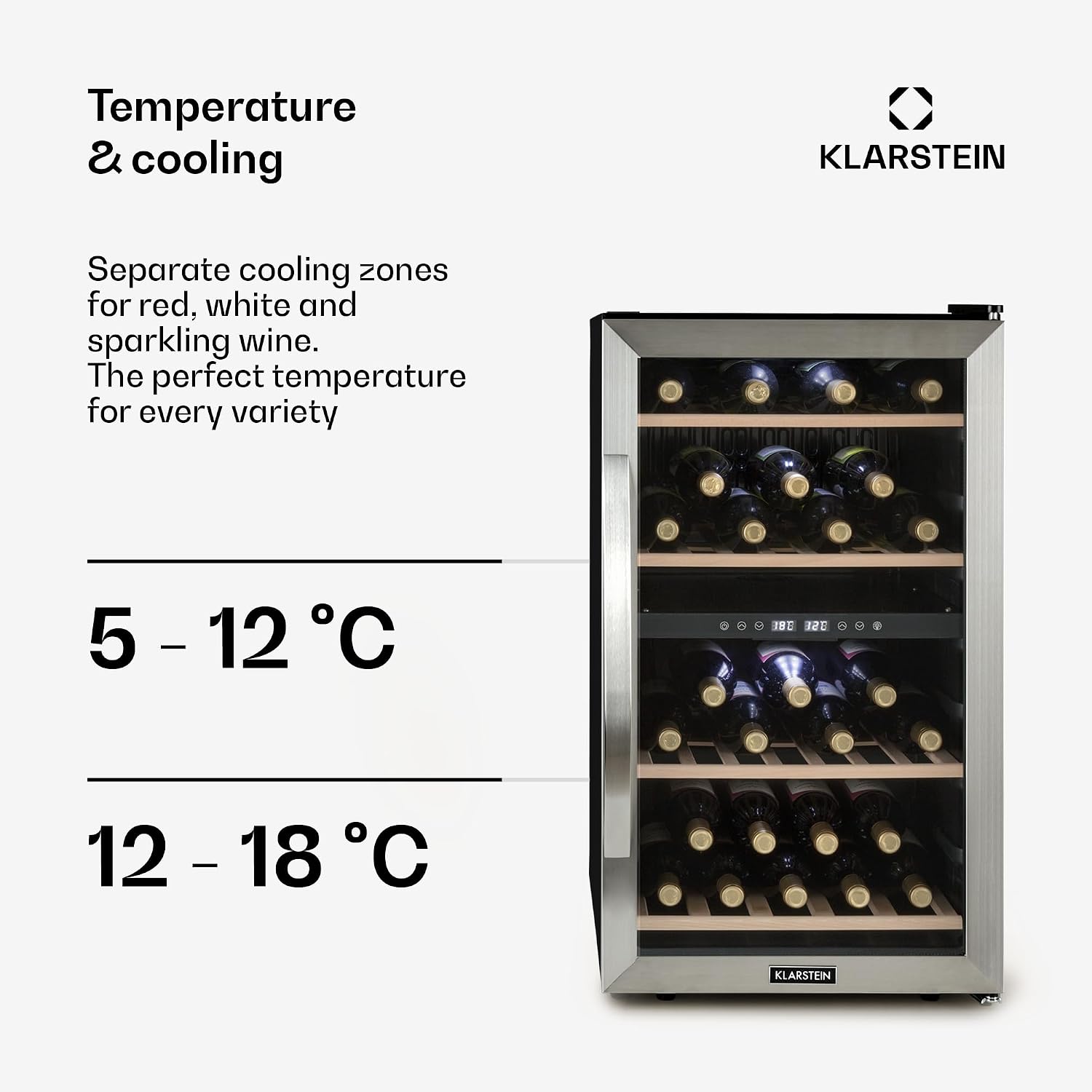 Detalle de Klarstein 10045908 Dual-Zone Wine Cooler, 45 Bottles, 5–18 °C, Glass Door
