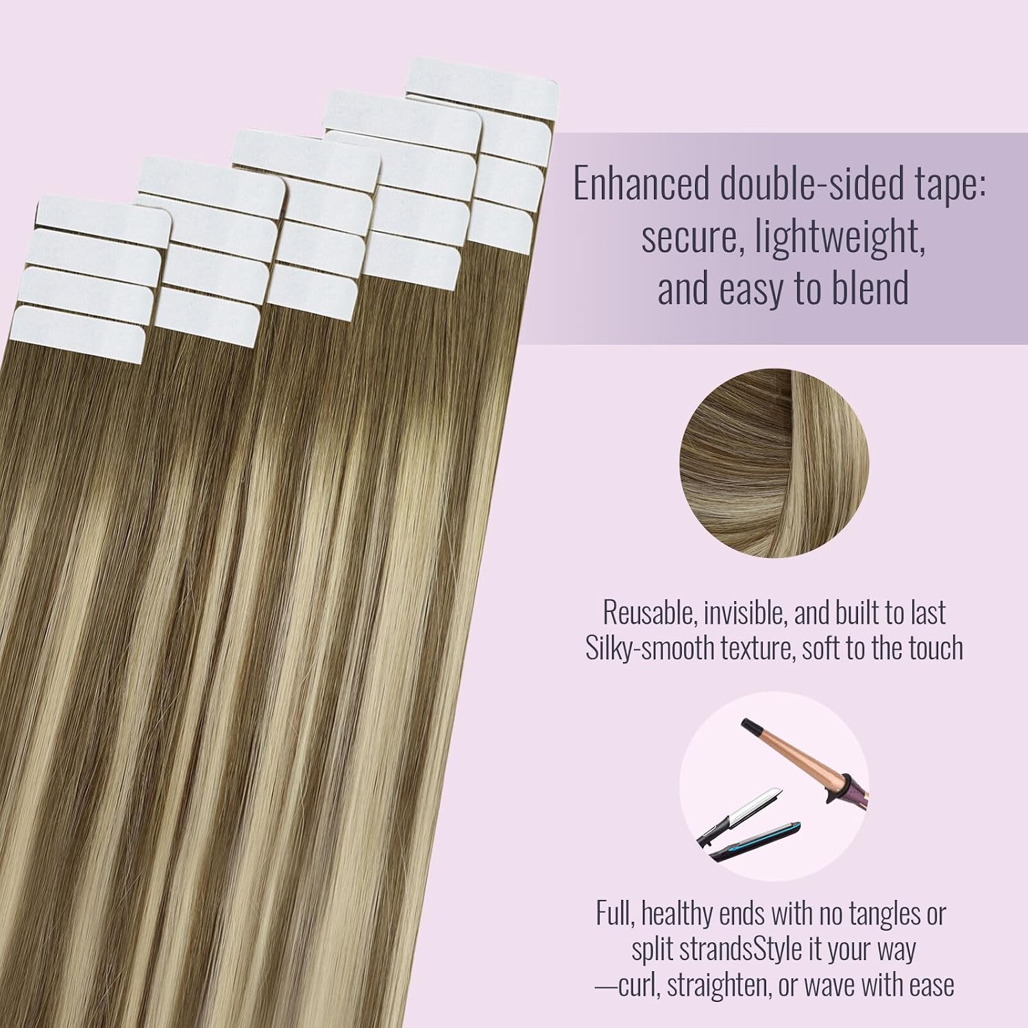 Detalle de Fshine Invisible Tape-In Extensions Echthaar 50 cm | 20 Stücke, Wärmebalayage, Mittelbraun bis Platinblond