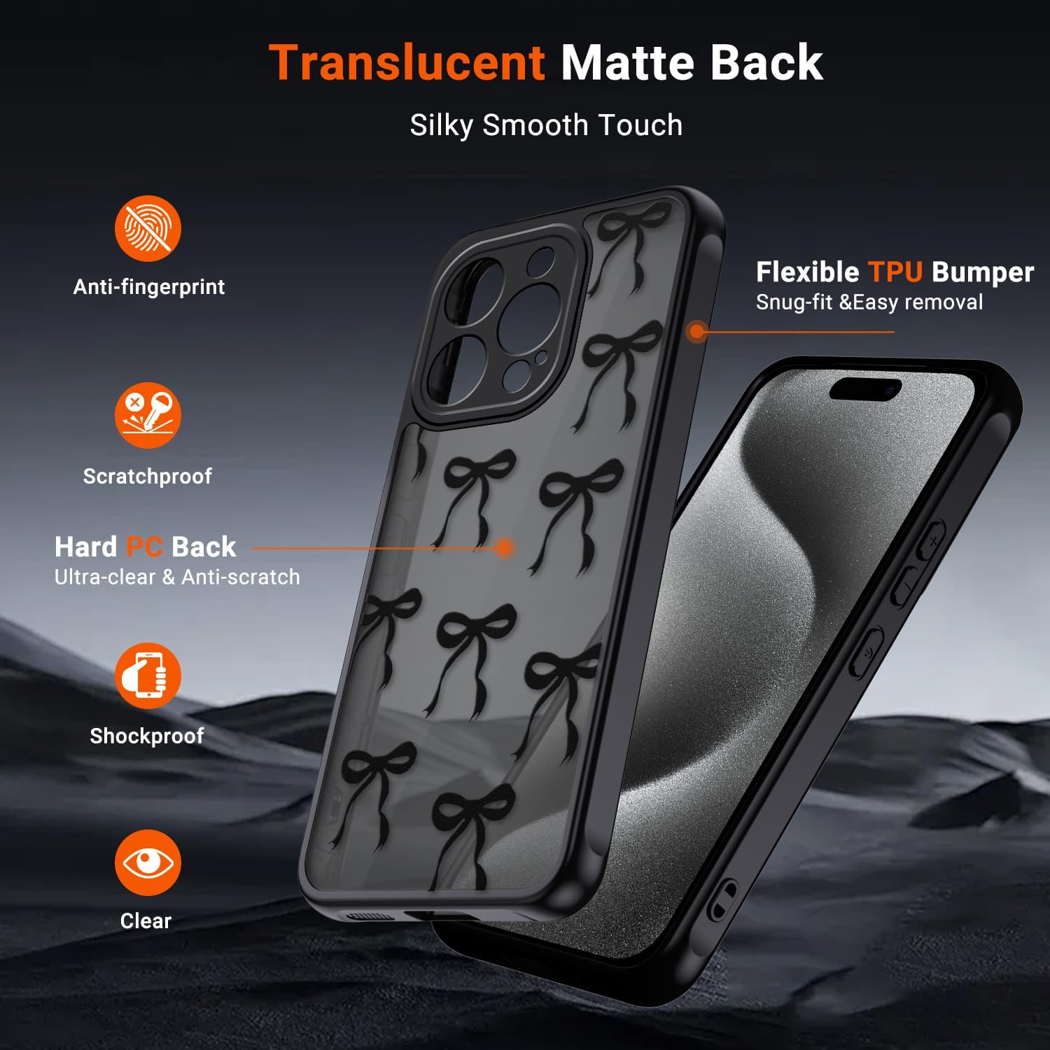 Thumbnail 1 de XTCASE Coque pour iPhone 15 Pro – Dossier Papillon Noeud, Noir, Silicone TPU + PC, anti-jaunissement et protection caméra