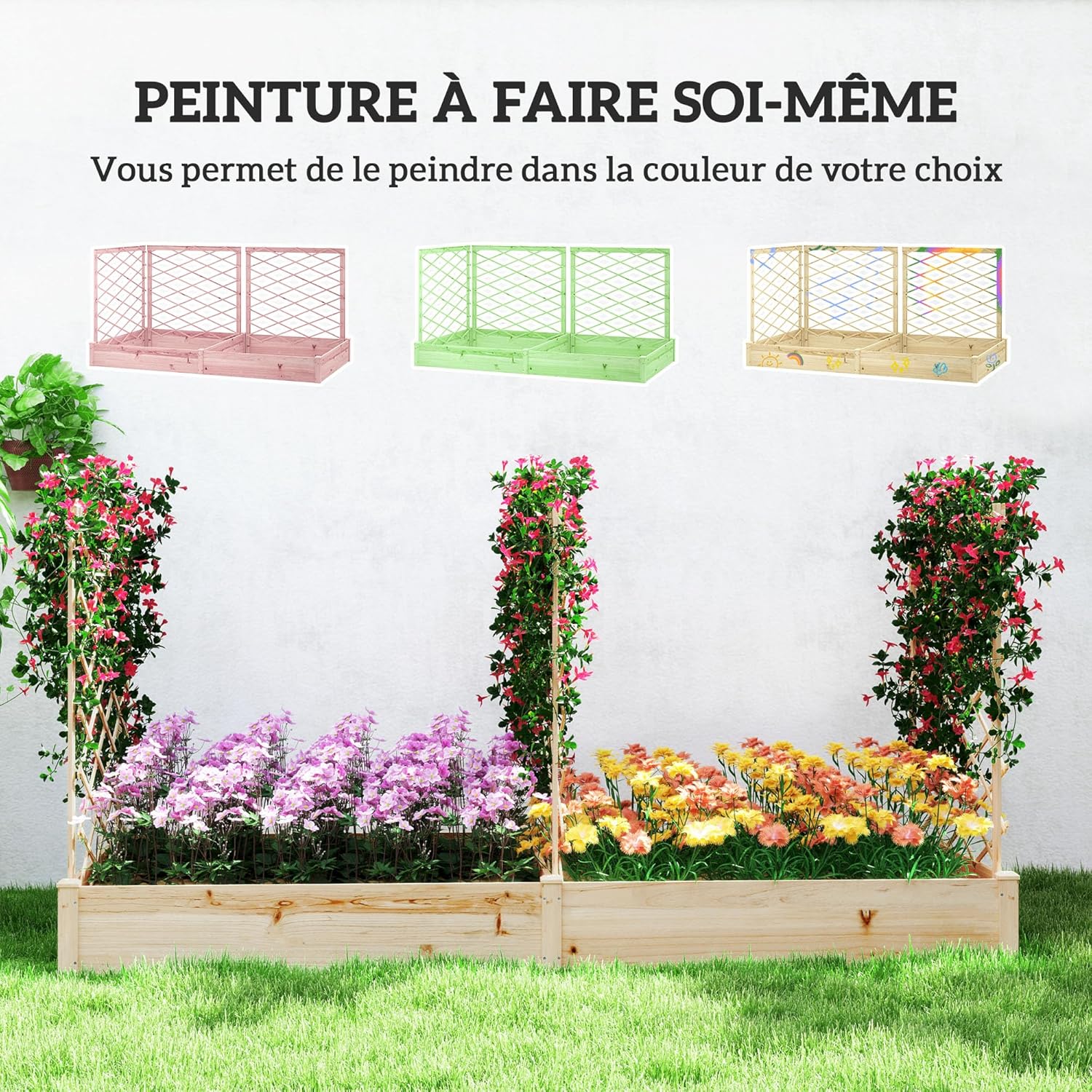Thumbnail 4 de Outsunny Jardinière surélevée avec 3 treillis modulables et 2 bacs à planter, bois naturel verni (222 x 114 x 109 cm)