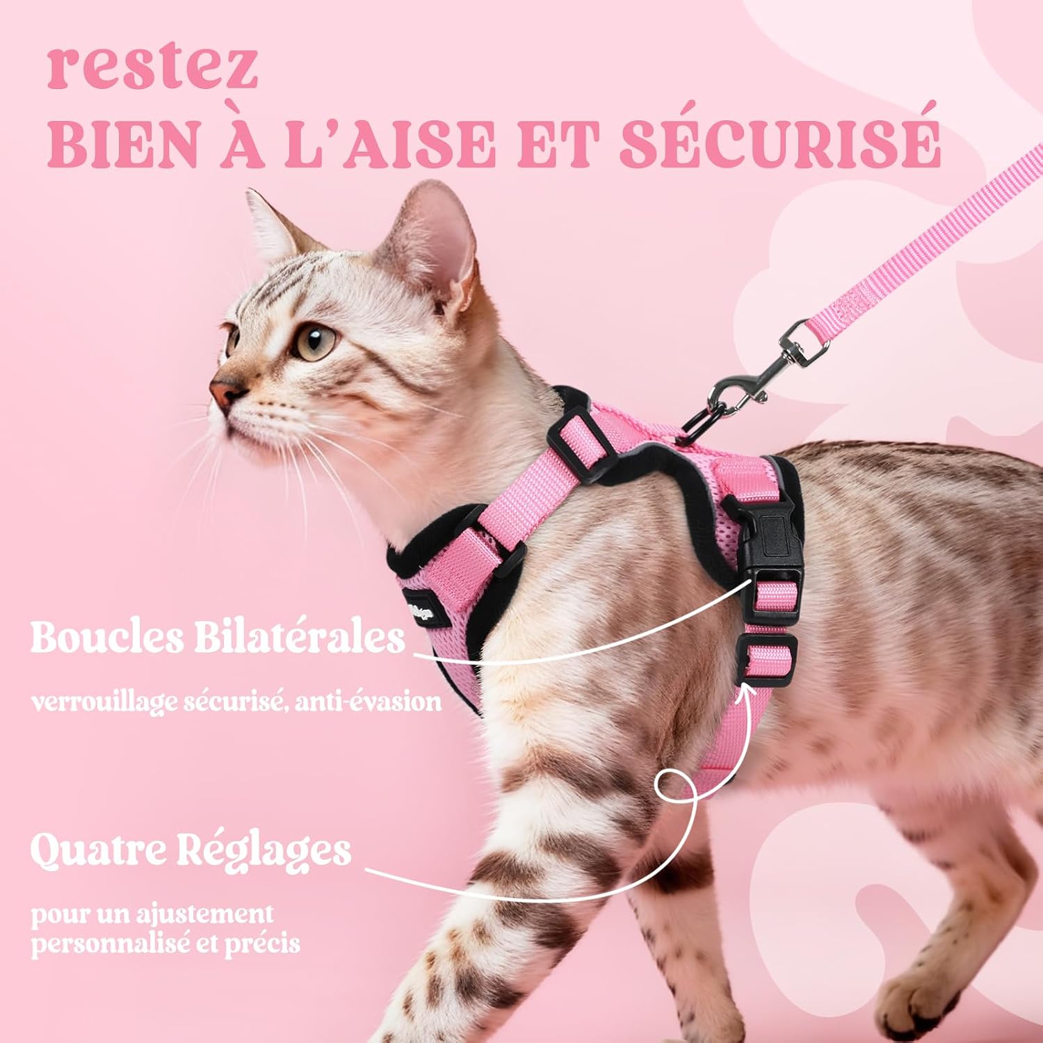 Detalle de Rabbitgoo Harnais Chat Petit Chien et Laisse – XS Rose, Réglable et Réfléchissant