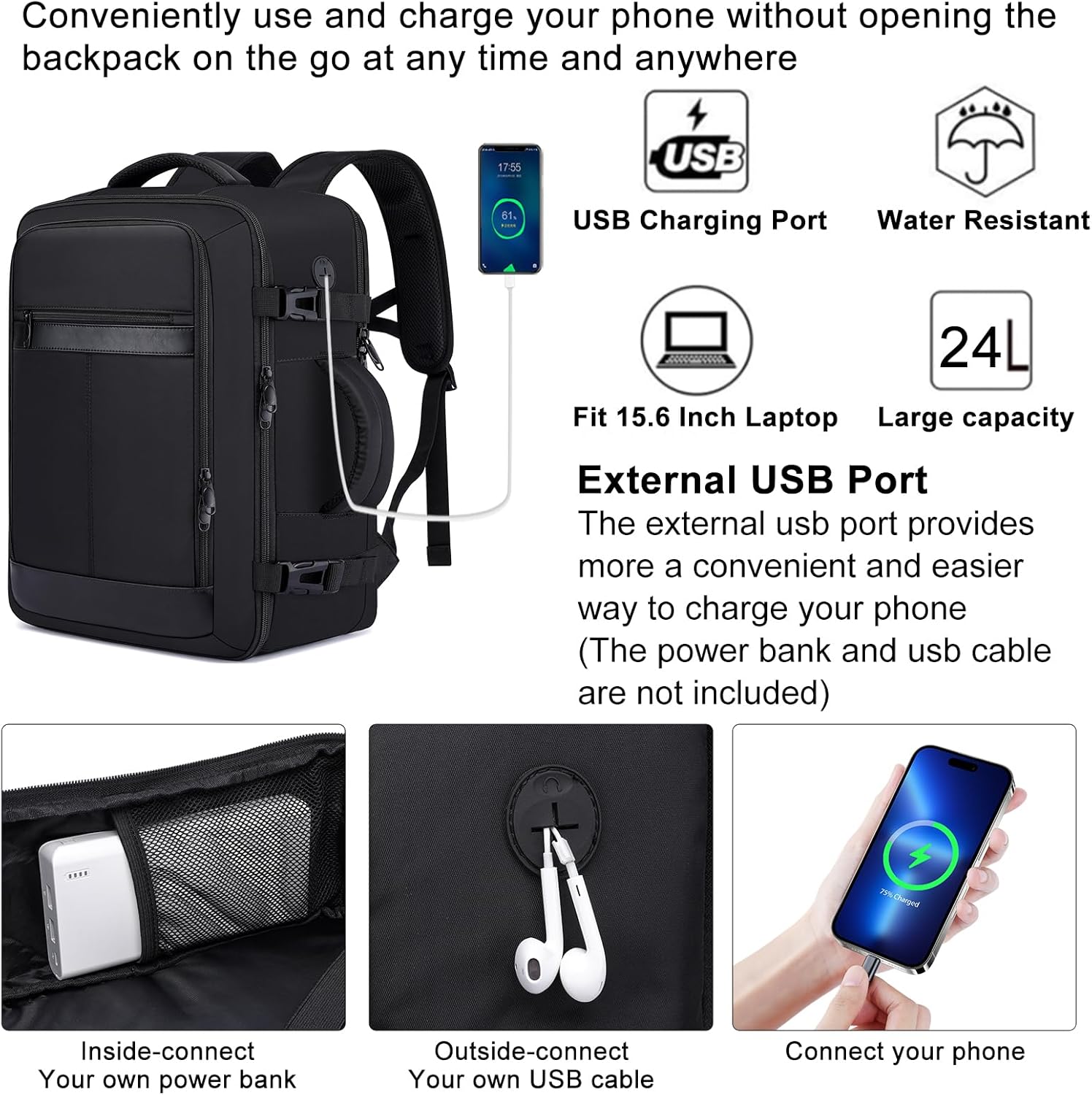 Thumbnail 4 de Travel Backpack for Men: Airplane Approved 24L Carry-On with Laptop Compartment, Shoe Pouch, and TSA-Ready Design (15.6 inch Laptop)