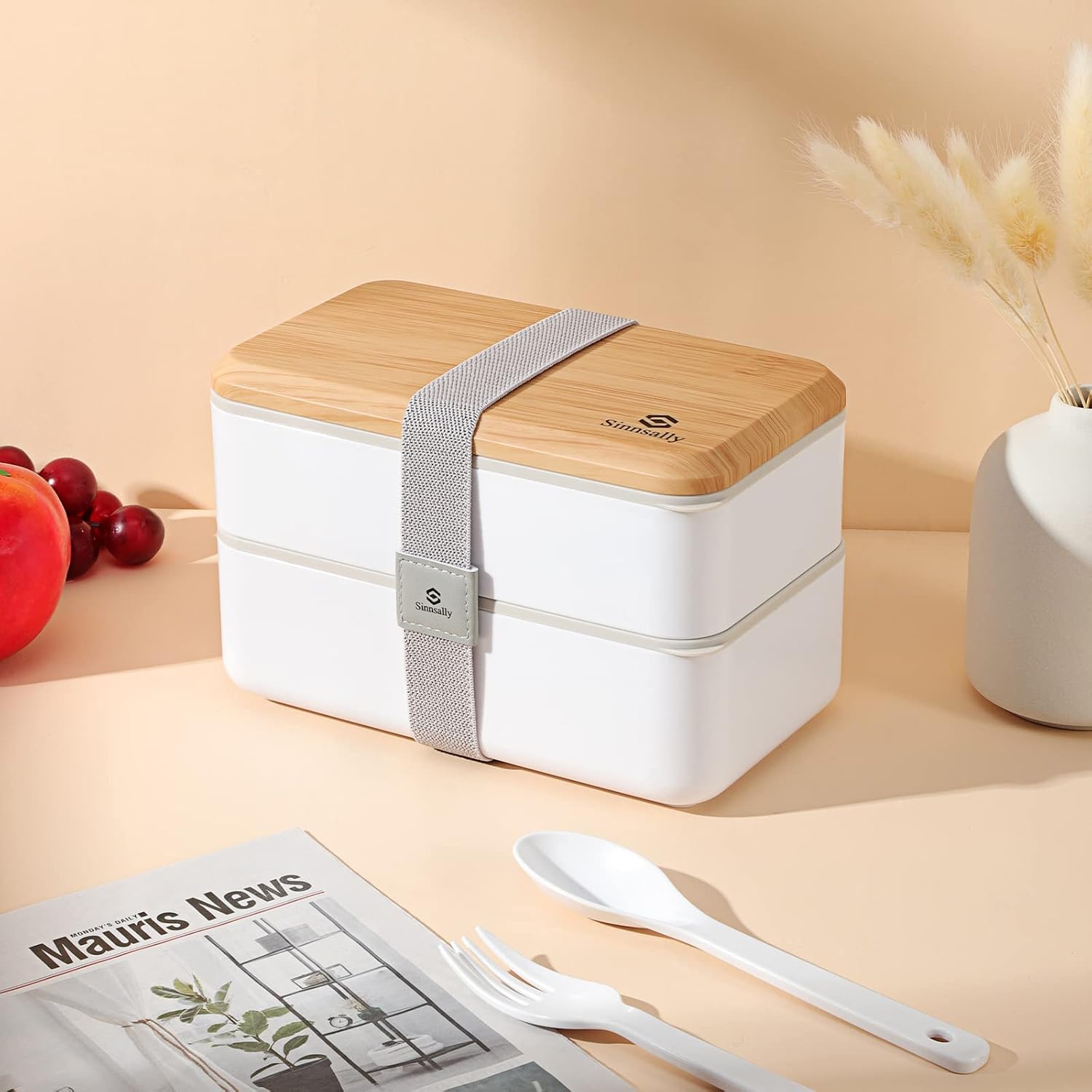 Detalle de Sinnsally Bento Box 1400 ml voor volwassenen, met vakken en bestek
