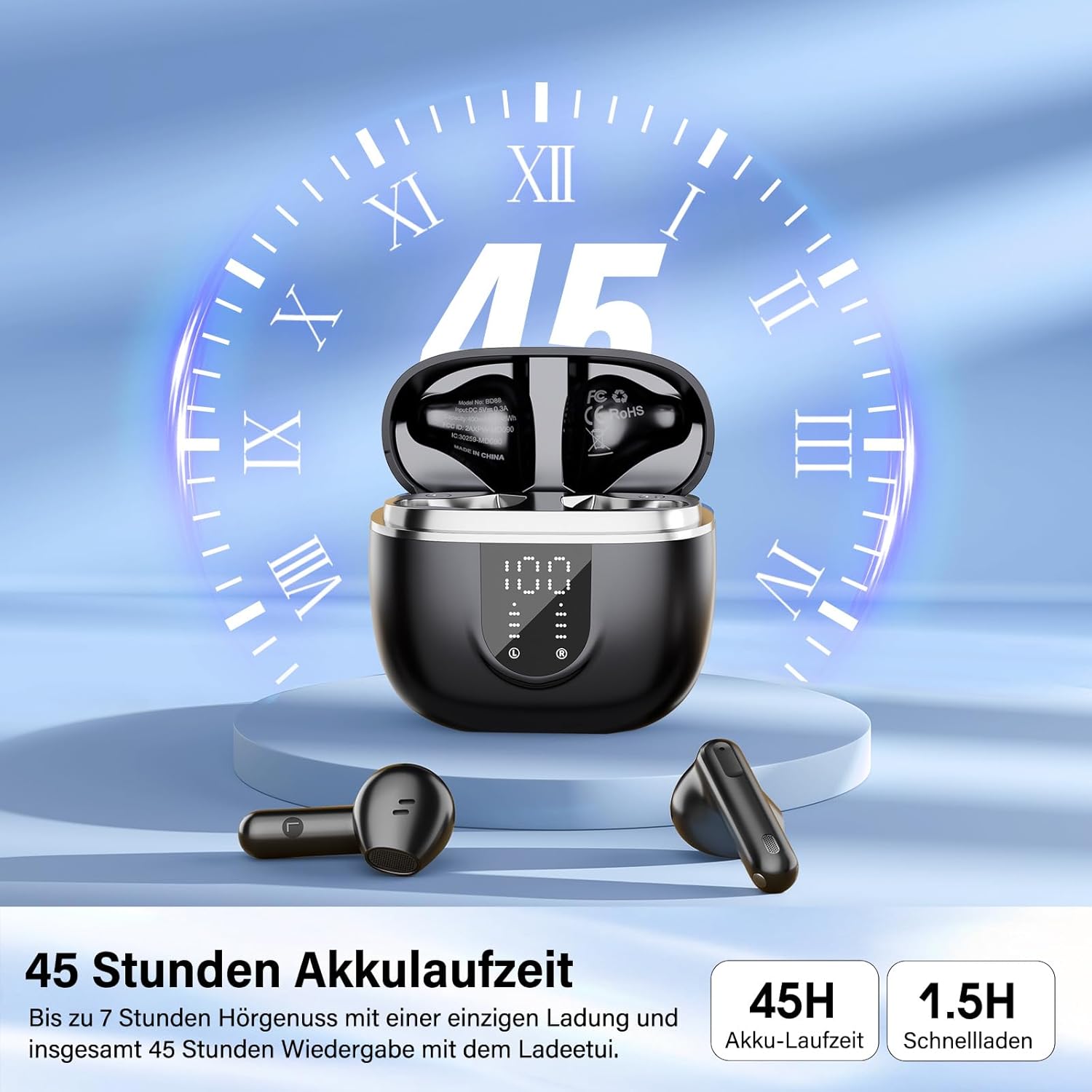 Detalle 2 de Bluetooth Kopfhörer BD88 – Kabellose In-Ear-Kopfhörer mit ENC, IPX7 und 45 Std Laufzeit