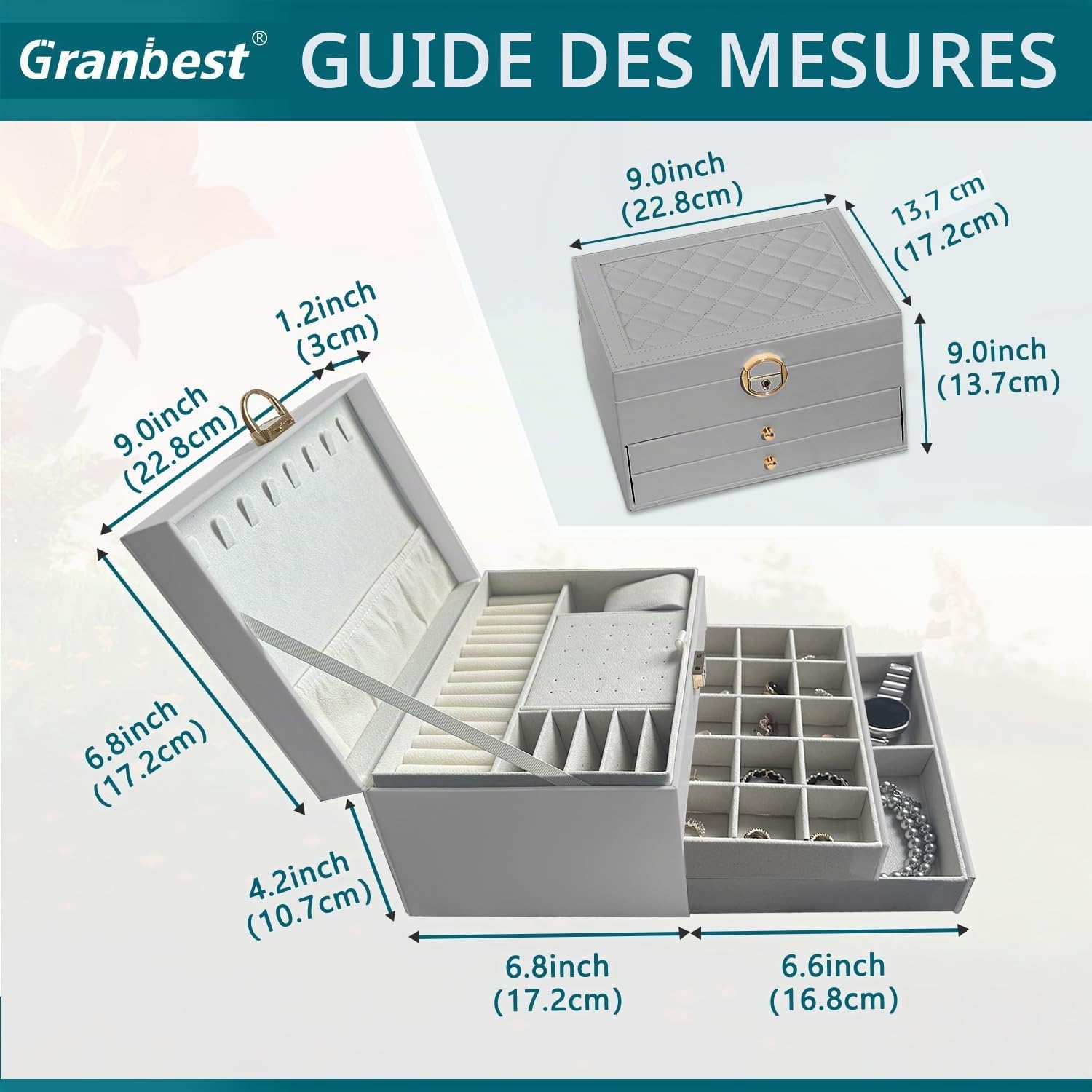 Thumbnail 5 de Granbest Boîte à bijoux à 3 niveaux avec 2 tiroirs – Coffret cuir Gris