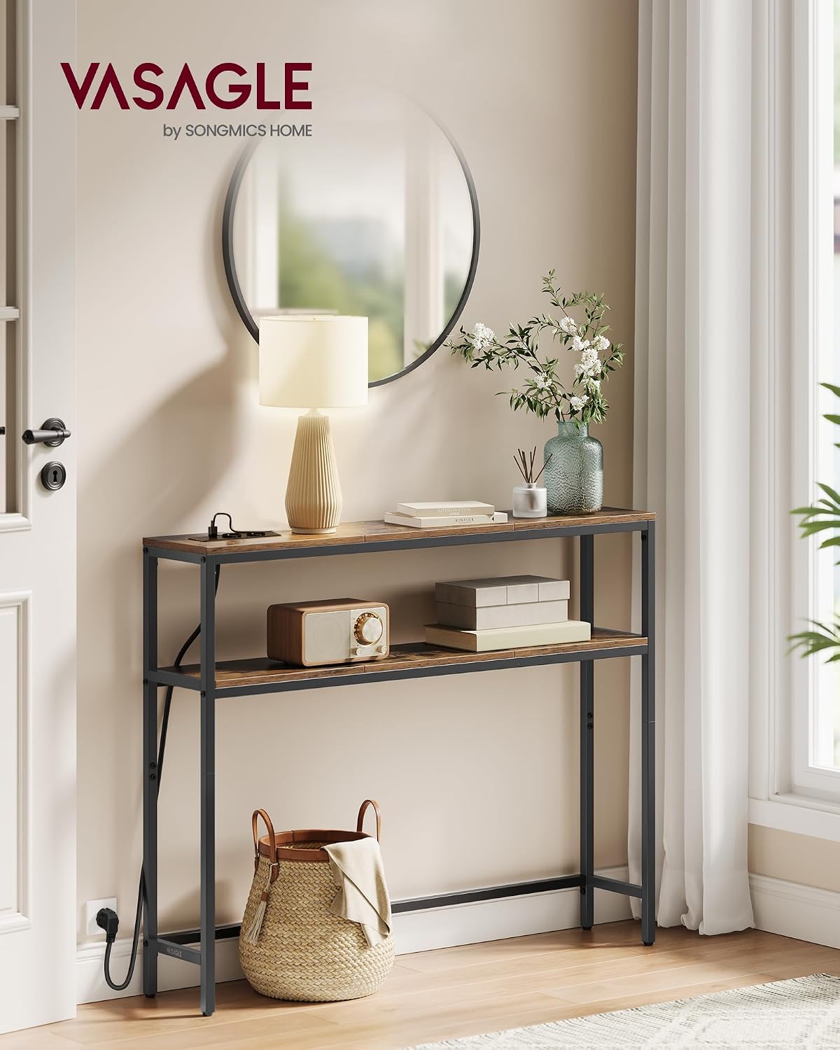 Detalle 2 de VASAGLE LNT136KD01 consoletafel met stopcontact, 2 legplanken, 100 x 20 x 81 cm