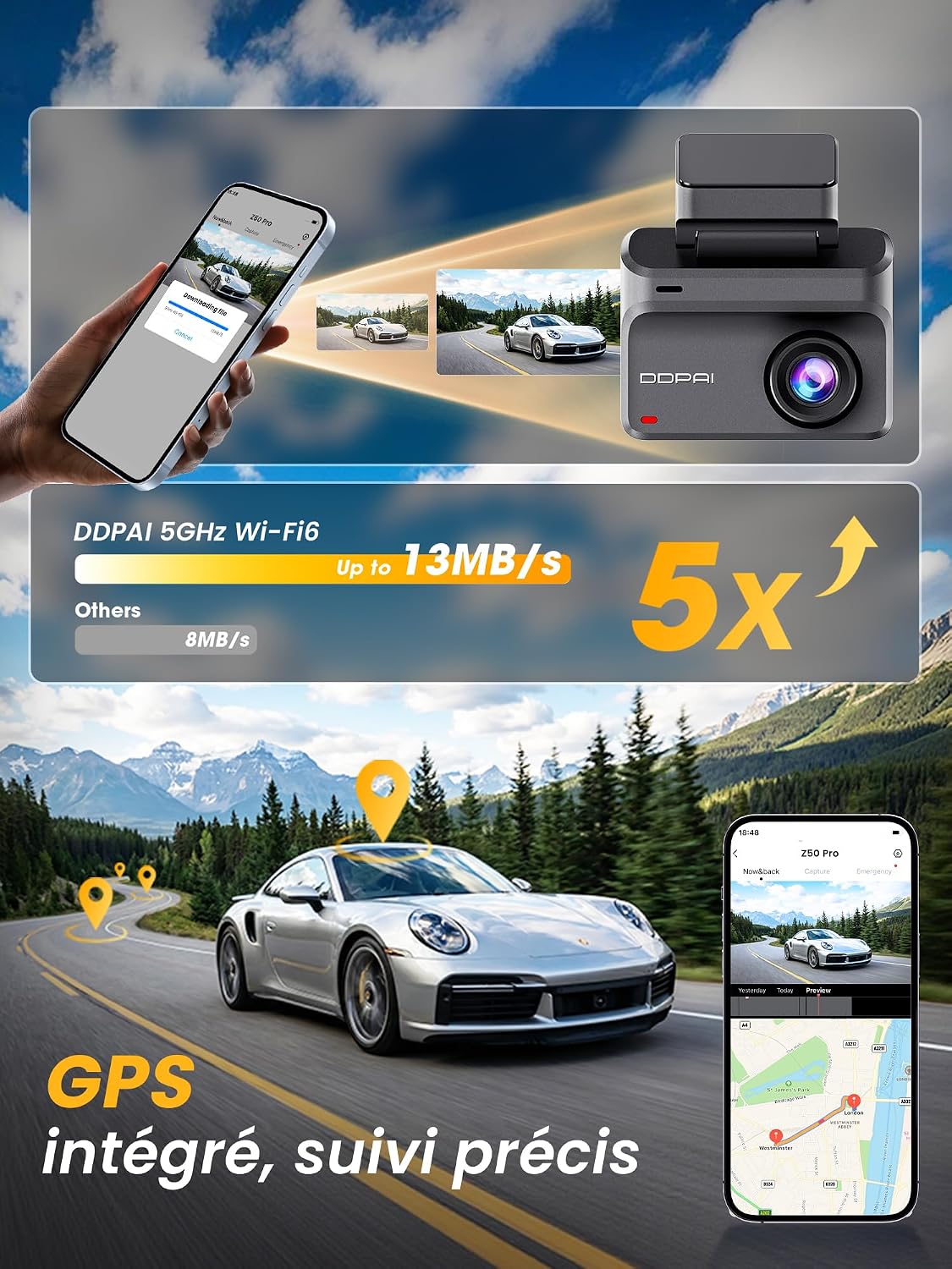 Thumbnail 5 de DDPAI Z50 Pro Dashcam Voiture Avant Arrière : 4K + 1080p, WiFi 6 et Vision Nocturne IA