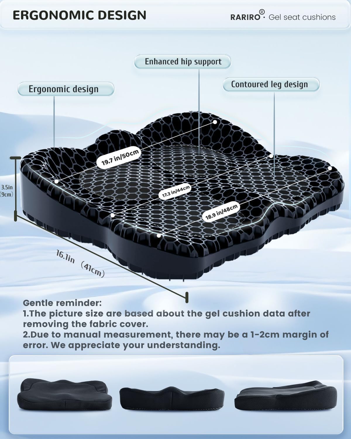 Detalle de Gel Seat Cushion Extra19.7in Gel Chair Seat Pads for Wheelchairs and Office Chairs (Black)