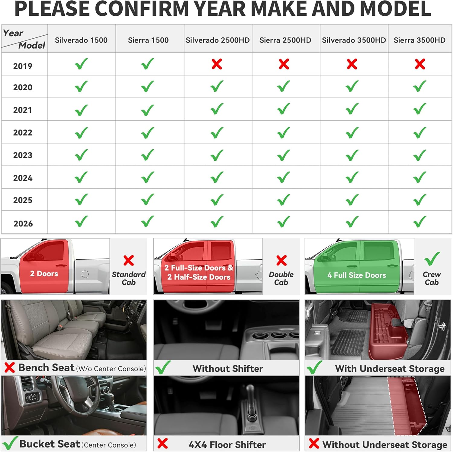 Thumbnail 1 de YITAMOTOR Black Floor Mats for 2019-2026 Chevrolet Silverado/GMC Sierra Crew Cab (Underseat Storage Box)